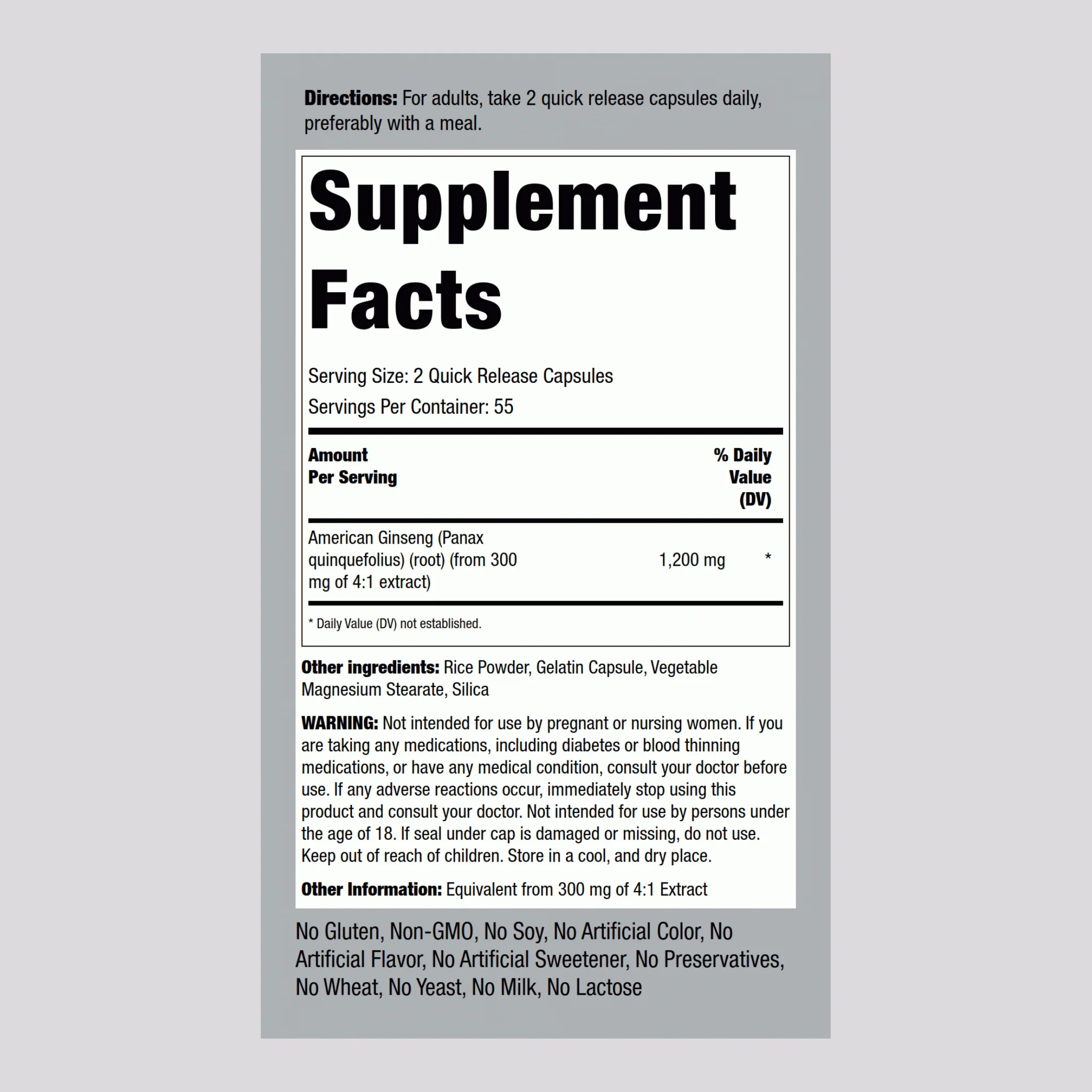 American Ginseng, 1200 mg (per serving), 110 Quick Release Capsules, 2 Bottles - Image 2