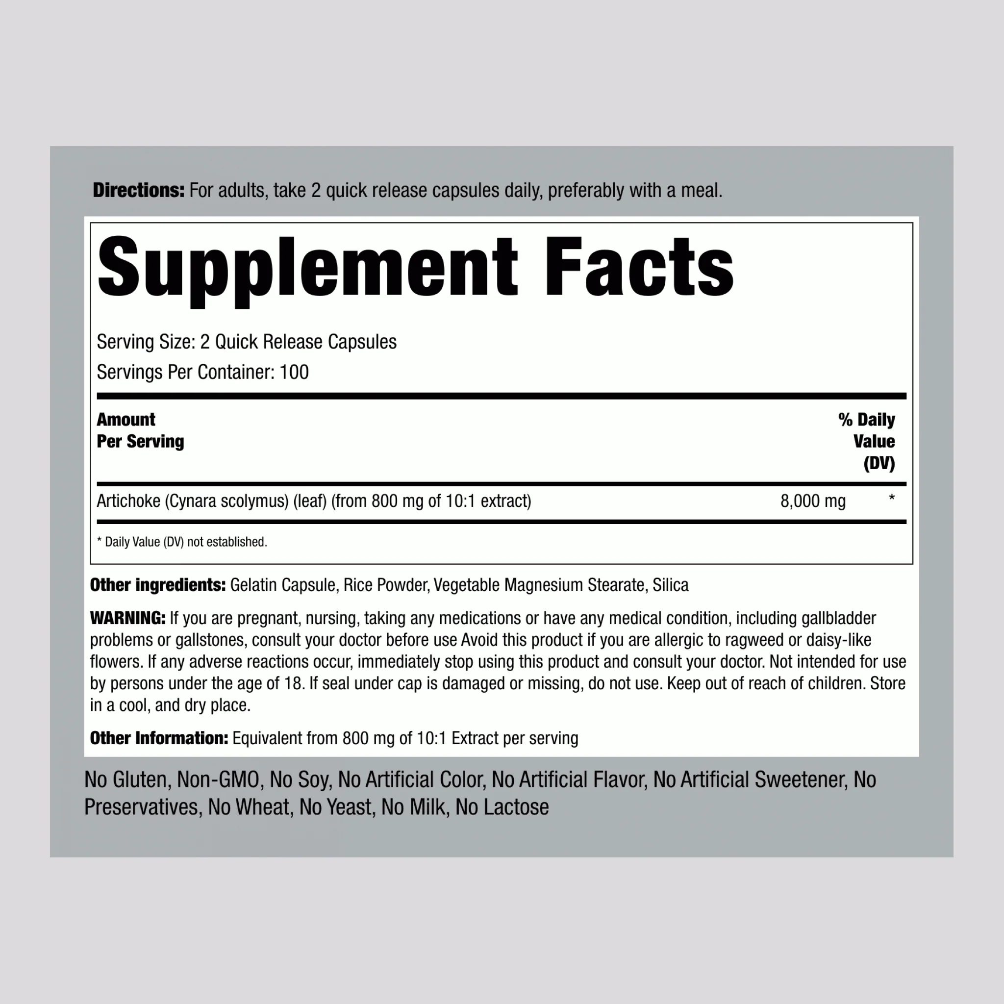 Artichoke Leaf, 8000 mg (per serving), 200 Quick Release Capsules, 2 Bottles - Image 2