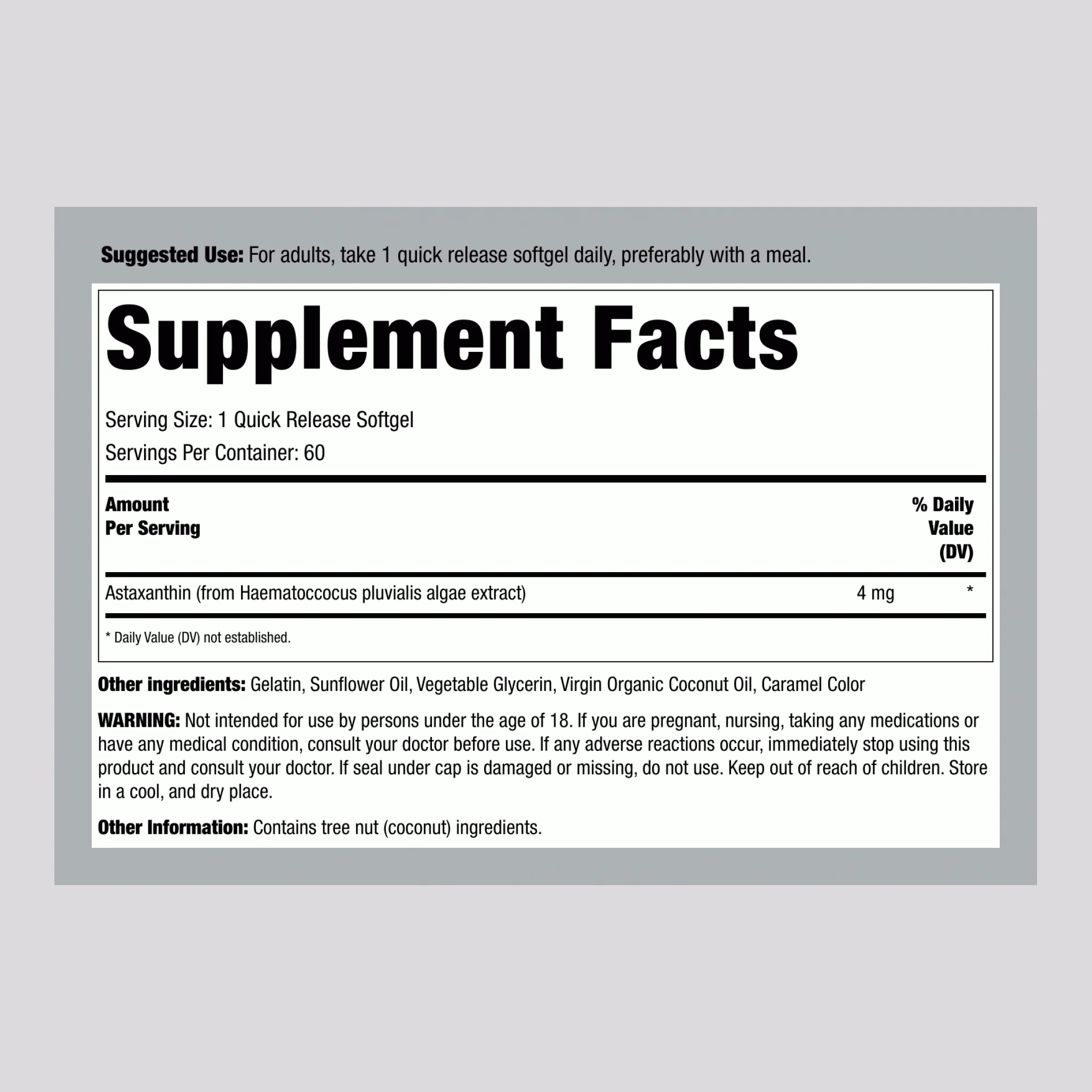 Astaxanthin with Coconut Oil, 4 mg, 150 Softgels - Image 2