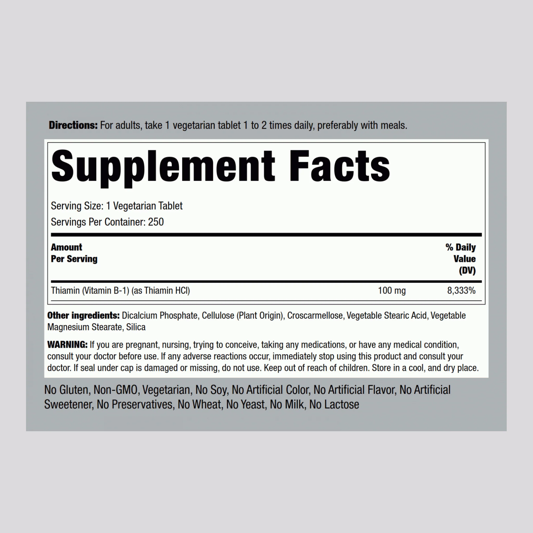 B-1 (Thiamin), 100 mg, 250 Vegetarian Tablets - Image 2