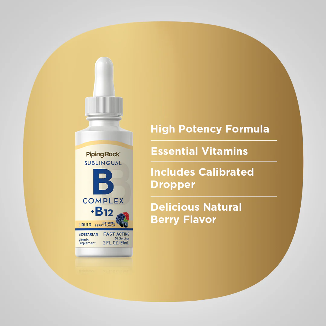 B-Complex Liquid Plus B-12 Sublingual, 1200 mcg, 2 fl oz (59 mL) Dropper Bottle - Image 3