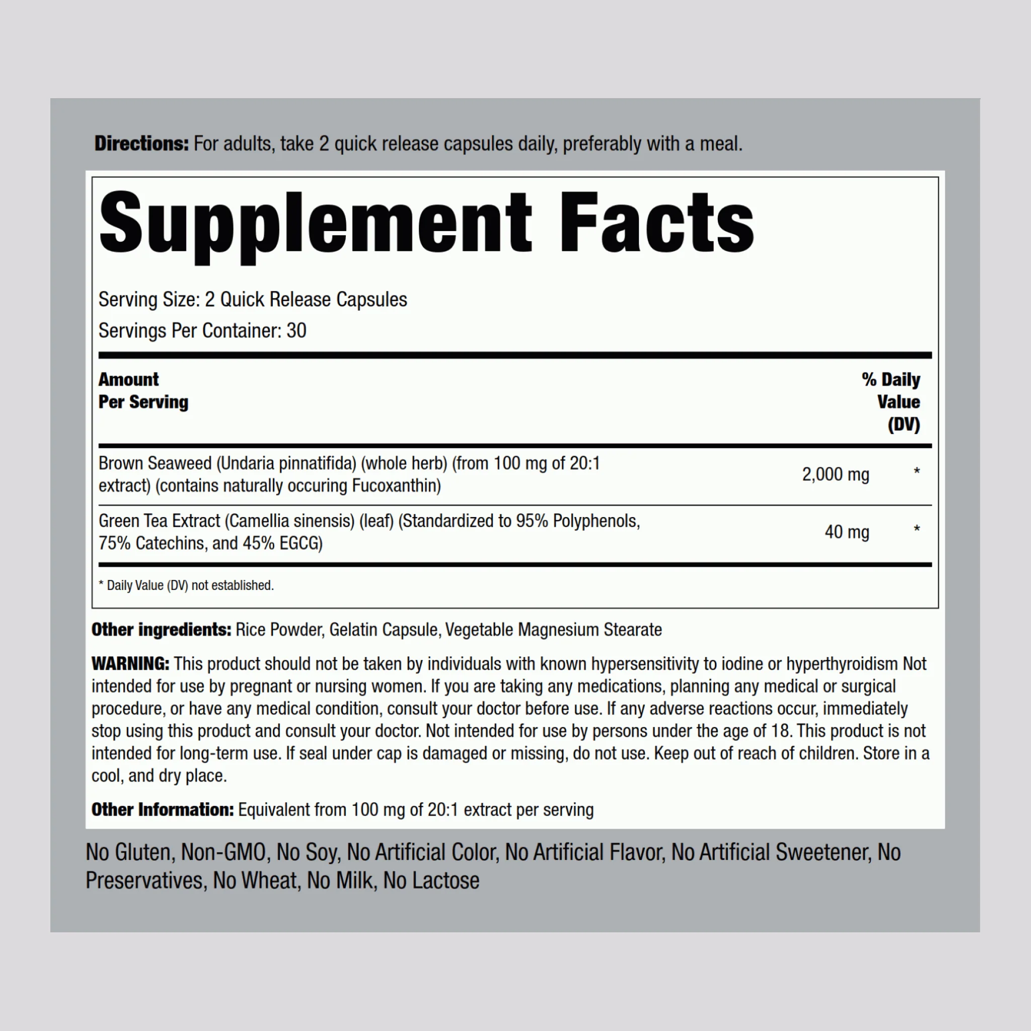 Brown Seaweed Plus (Wakame), 2000 mg (per serving), 60 Quick Release Capsules, 2 Bottles - Image 2