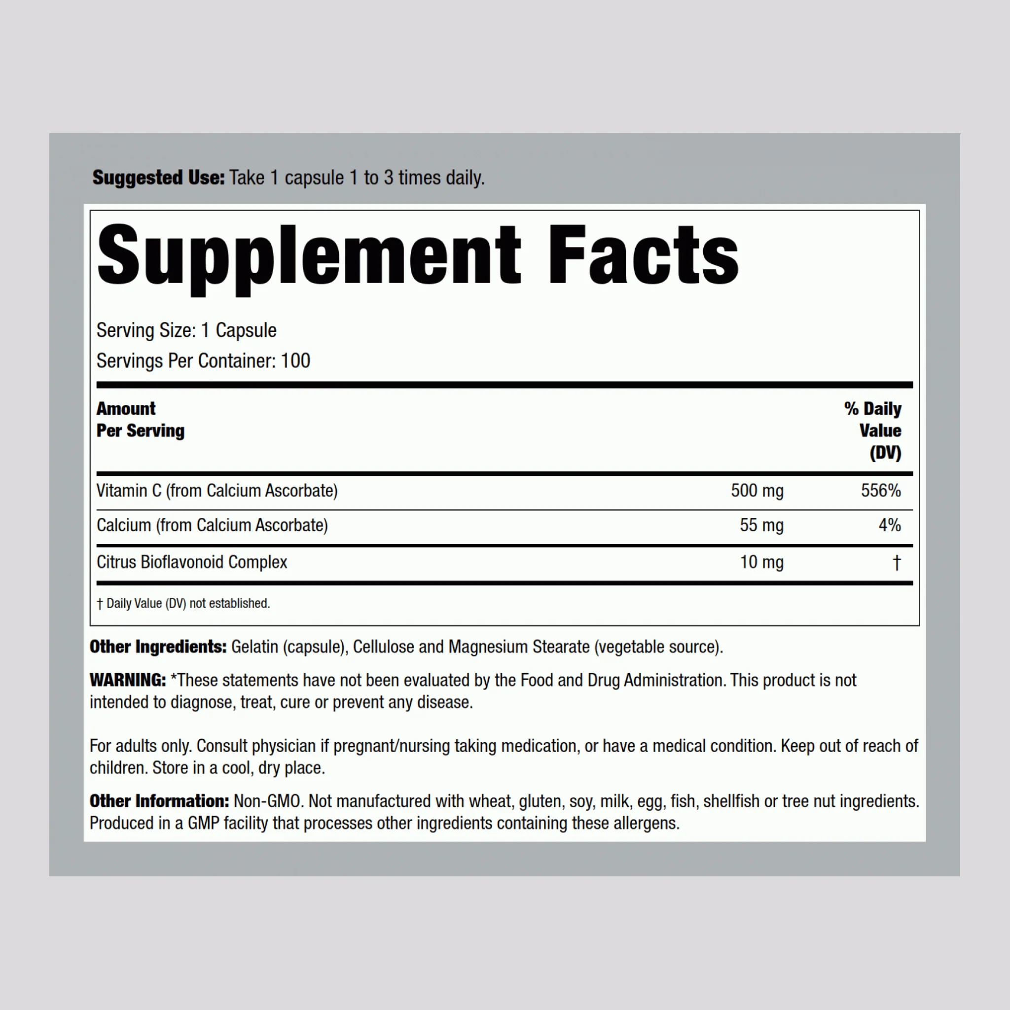 Buffered C-500 Calcium Ascorbate-C, 500 mg, 100 Capsules - Image 2