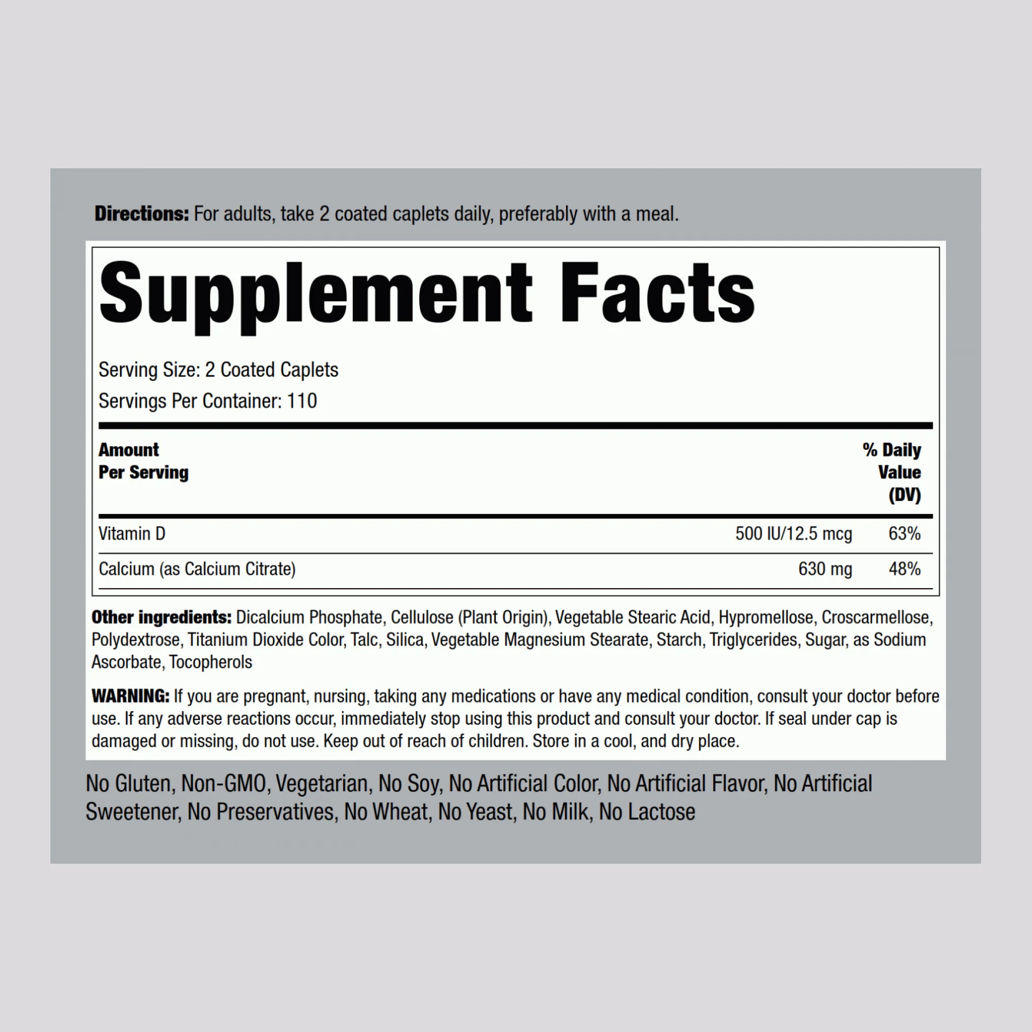 Calcium Citrate 630 mg (per serving) Plus D3 500 IU, 220 Coated Caplets, 2 Bottles - Image 2