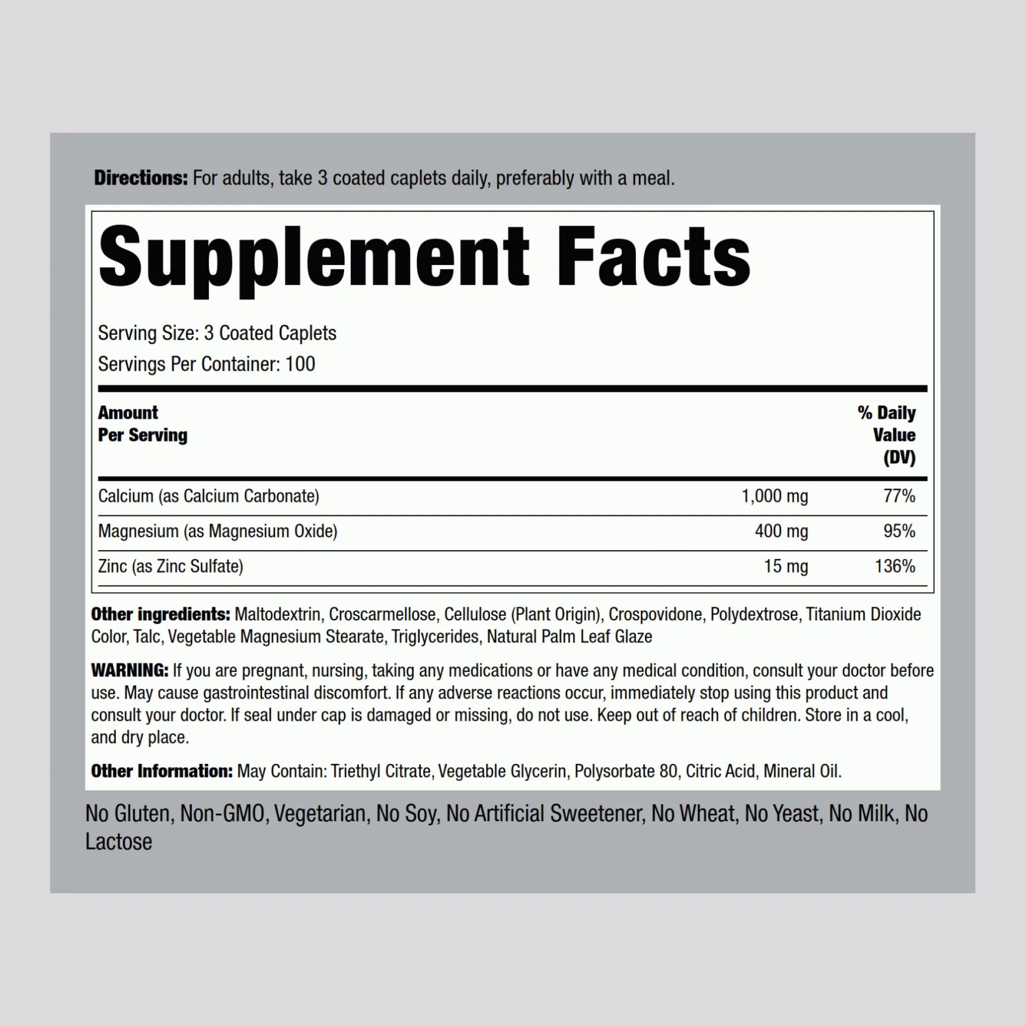 Calcium Magnesium Zinc (Cal 1000mg/Mag 400mg/Zn 15mg) (per serving), 300 Coated Caplets - Image 2