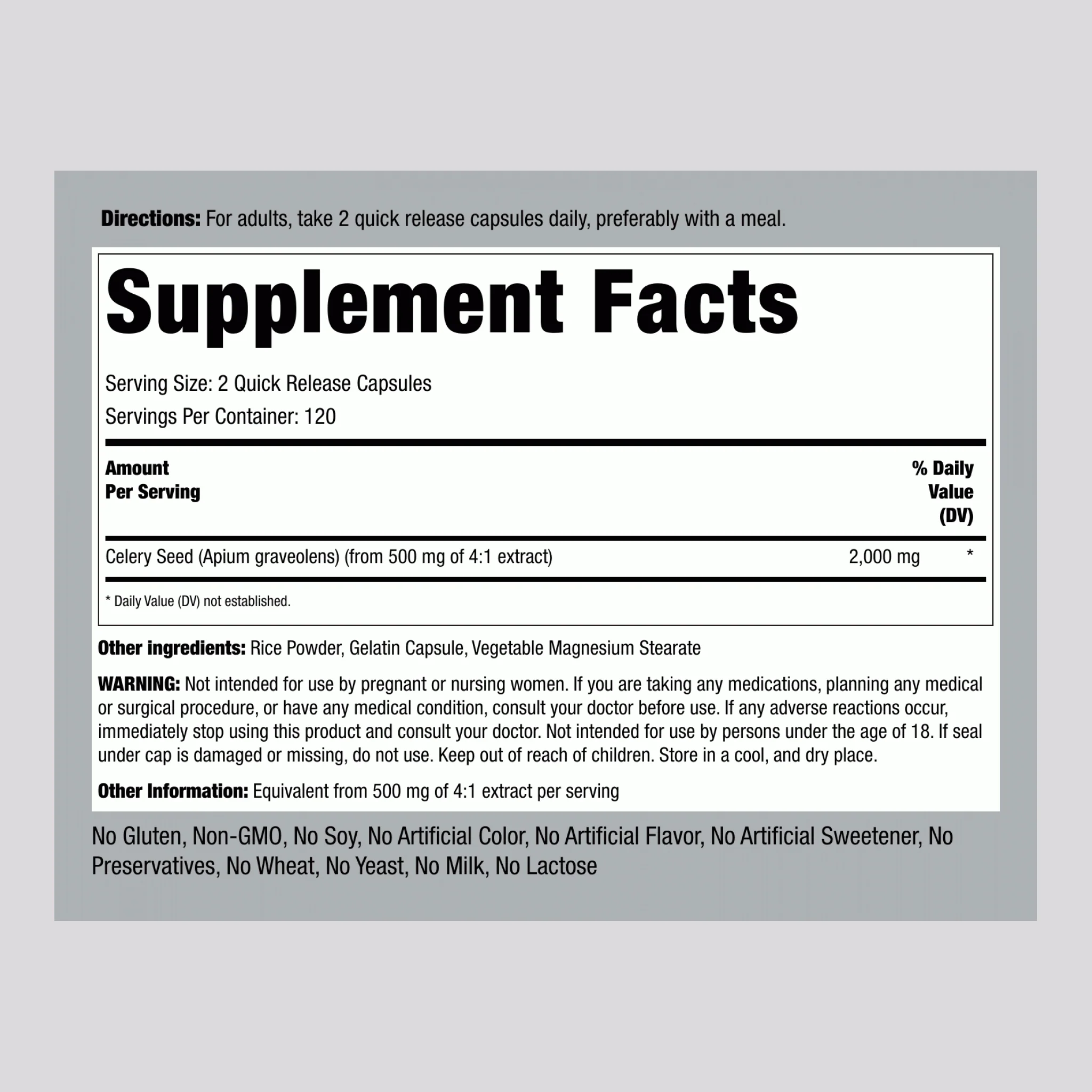 Celery Seed, 2000 mg (per serving), 240 Quick Release Capsules, 2 Bottles - Image 2