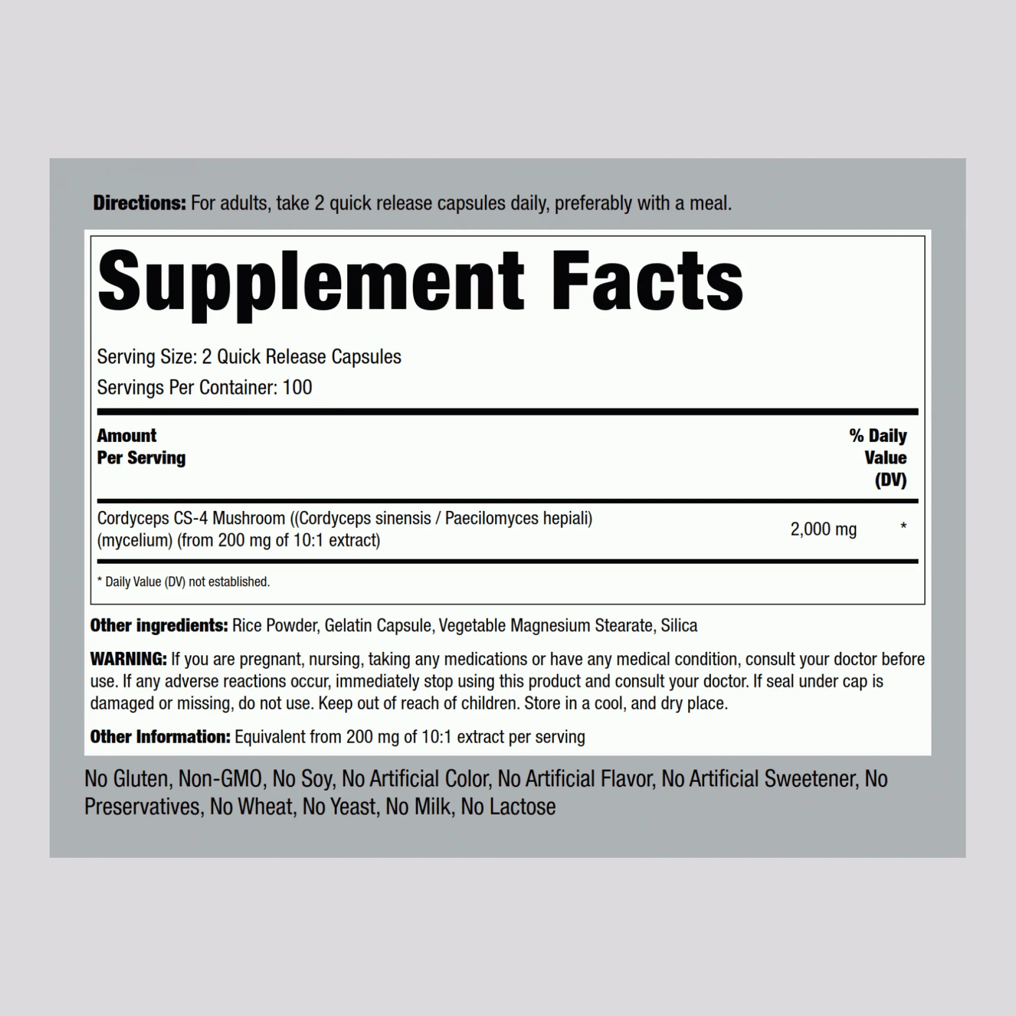 Cordyceps Mushroom, 2000 mg (per serving), 200 Quick Release Capsules - Image 2