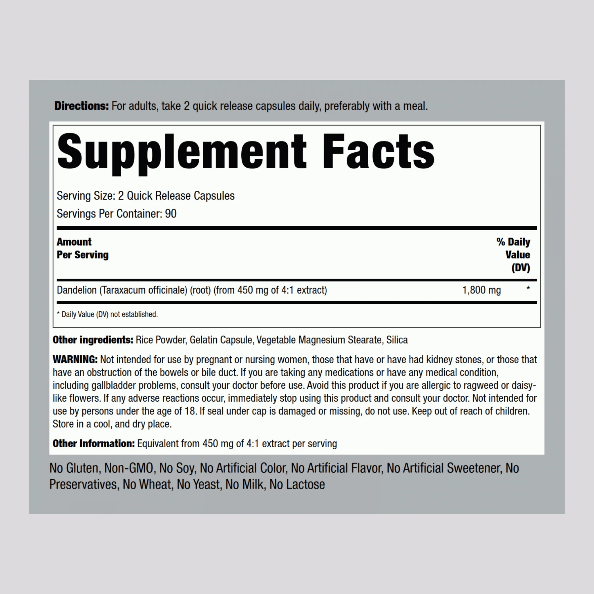 Dandelion Root, 1800 mg (per serving), 180 Quick Release Capsules, 2 Bottles - Image 2