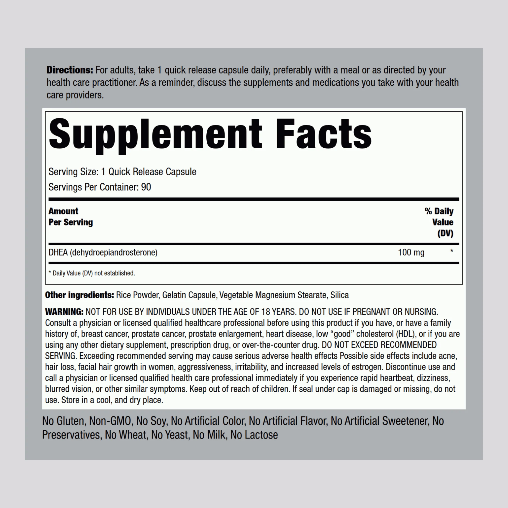 DHEA, 100 mg, 90 Quick Release Capsules - Image 2