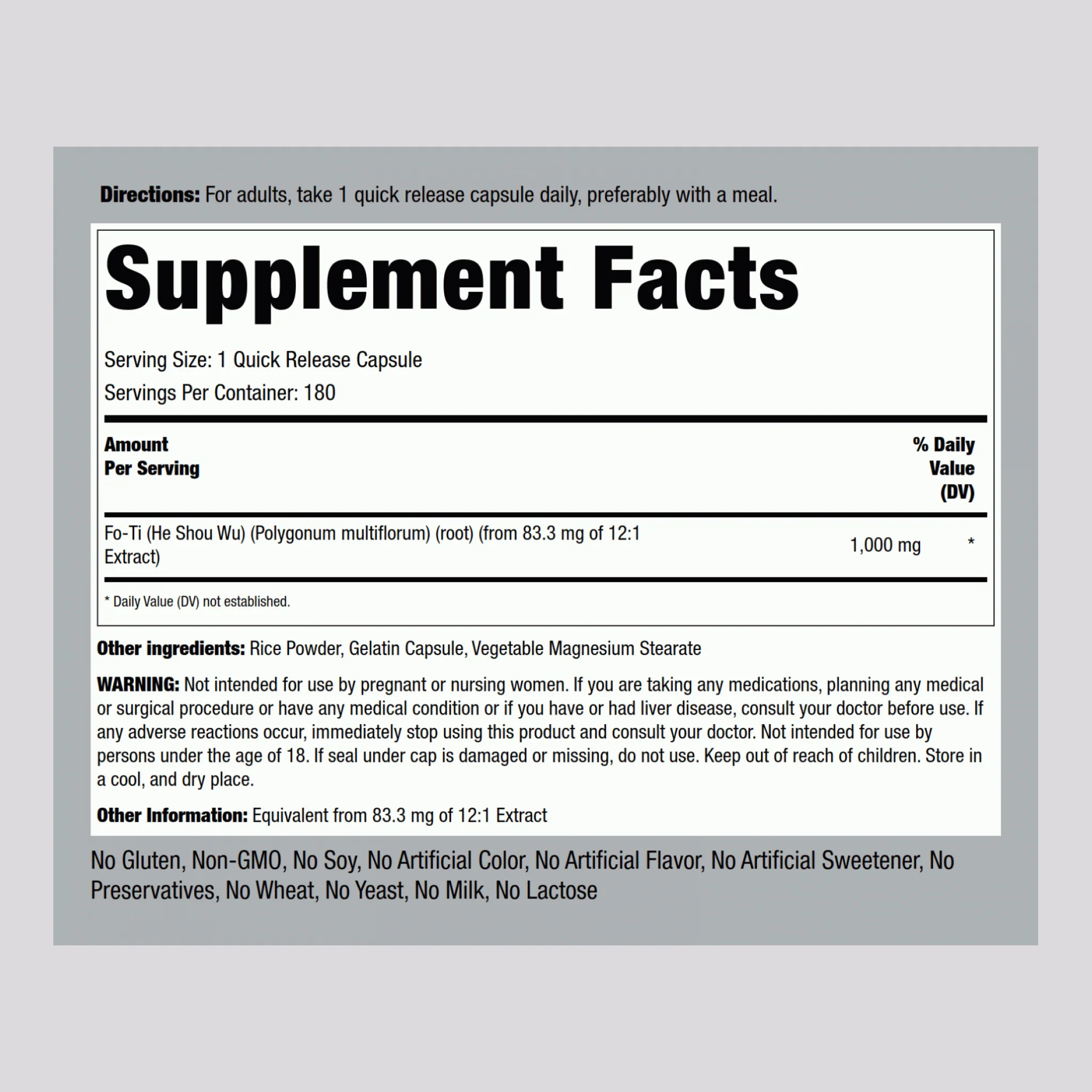 Fo-Ti Root He-Shou-Wu, 1000 mg, 180 Quick Release Capsules, 2 Bottles - Image 2