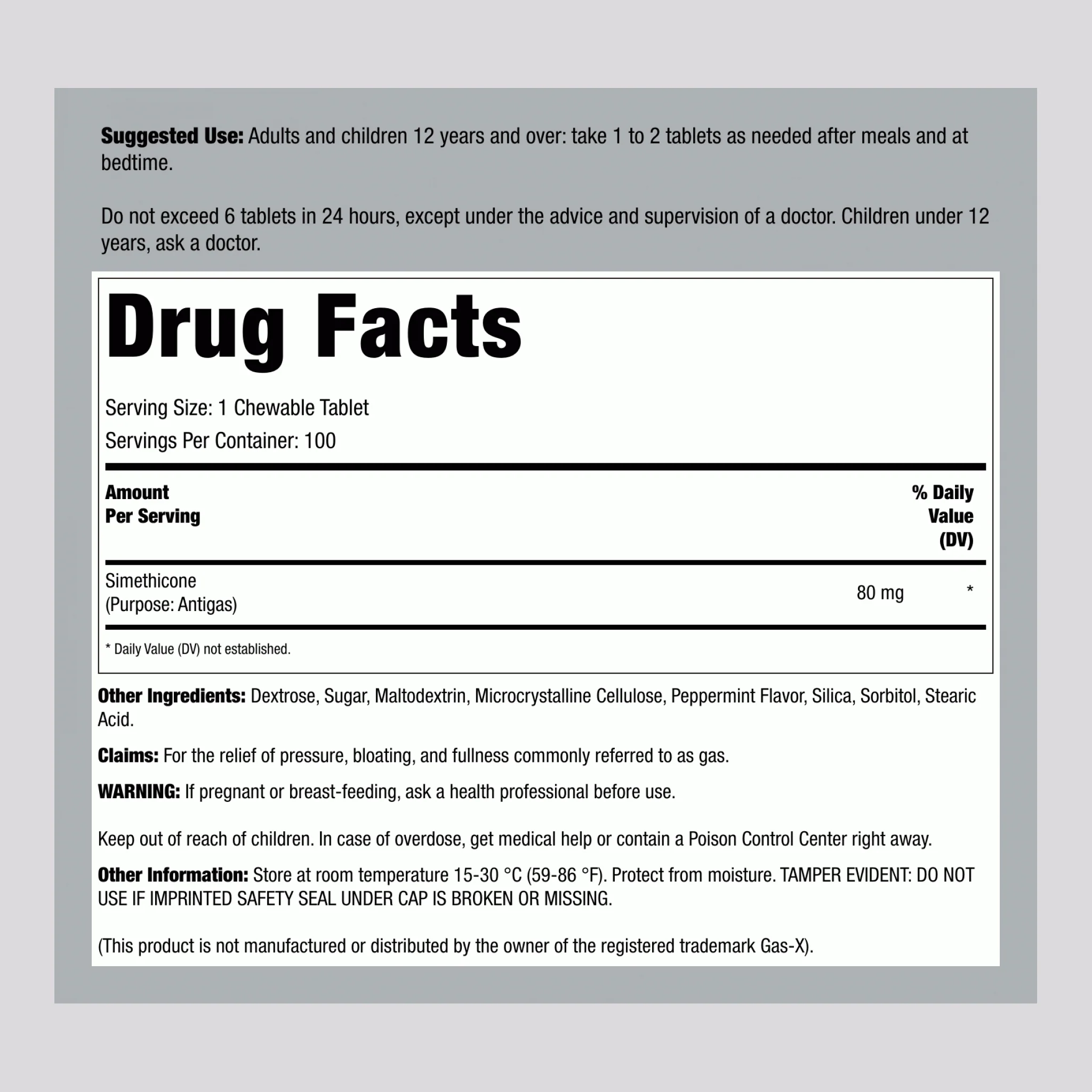 Gas Relief (Simethicone) 80 mg Mint Chewable, Compare to Gas-X , 100 Chewable Tablets - Image 2