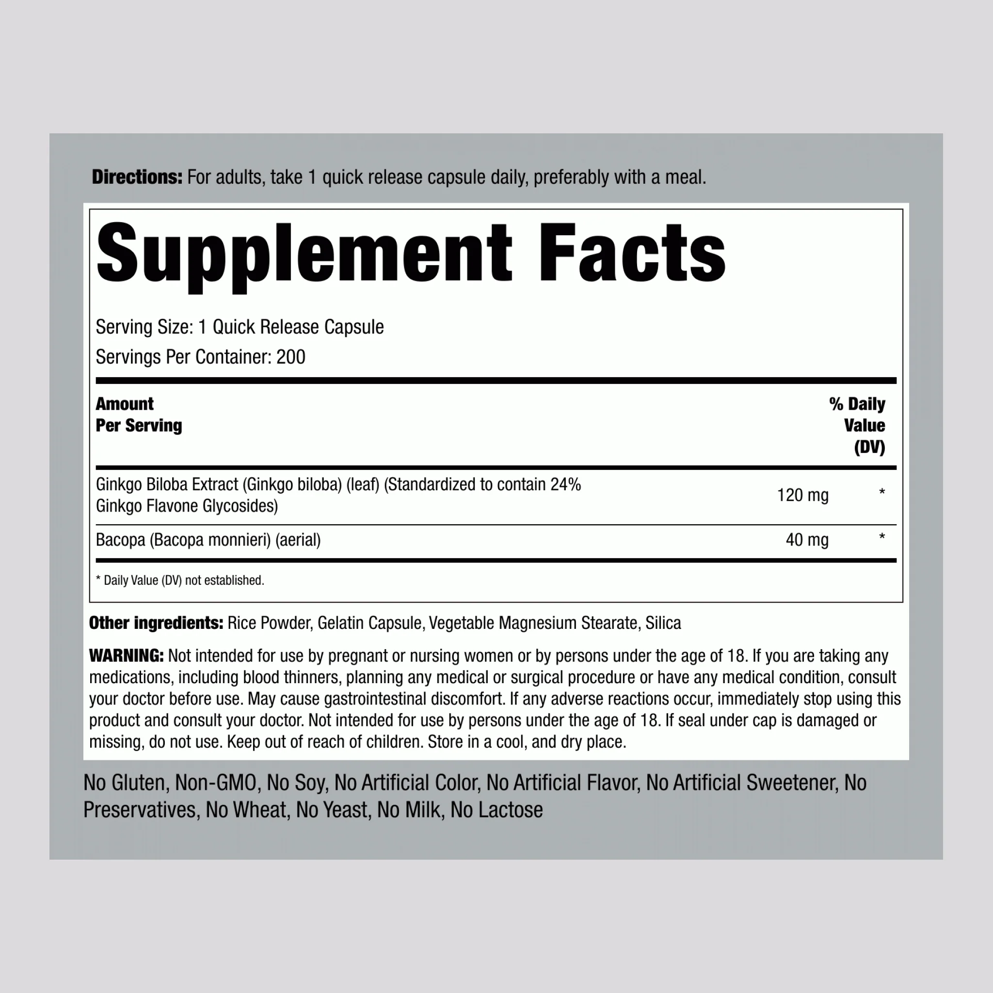 Ginkgo Biloba Standardized Extract, 120 mg, 200 Quick Release Capsules, 2 Bottles - Image 2