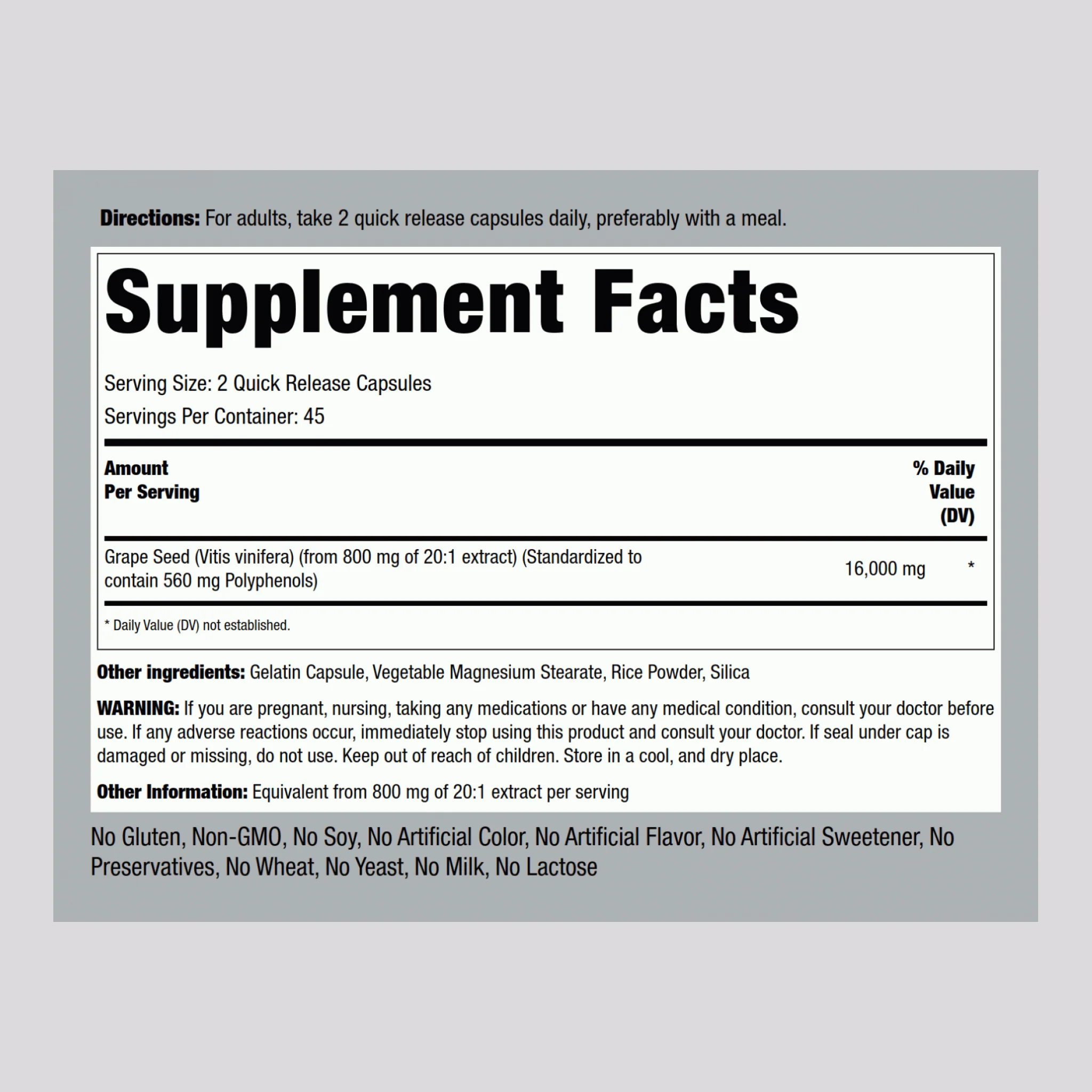 Grape Seed Extract, 16,000 mg (per serving), 90 Quick Release Capsules - Image 2