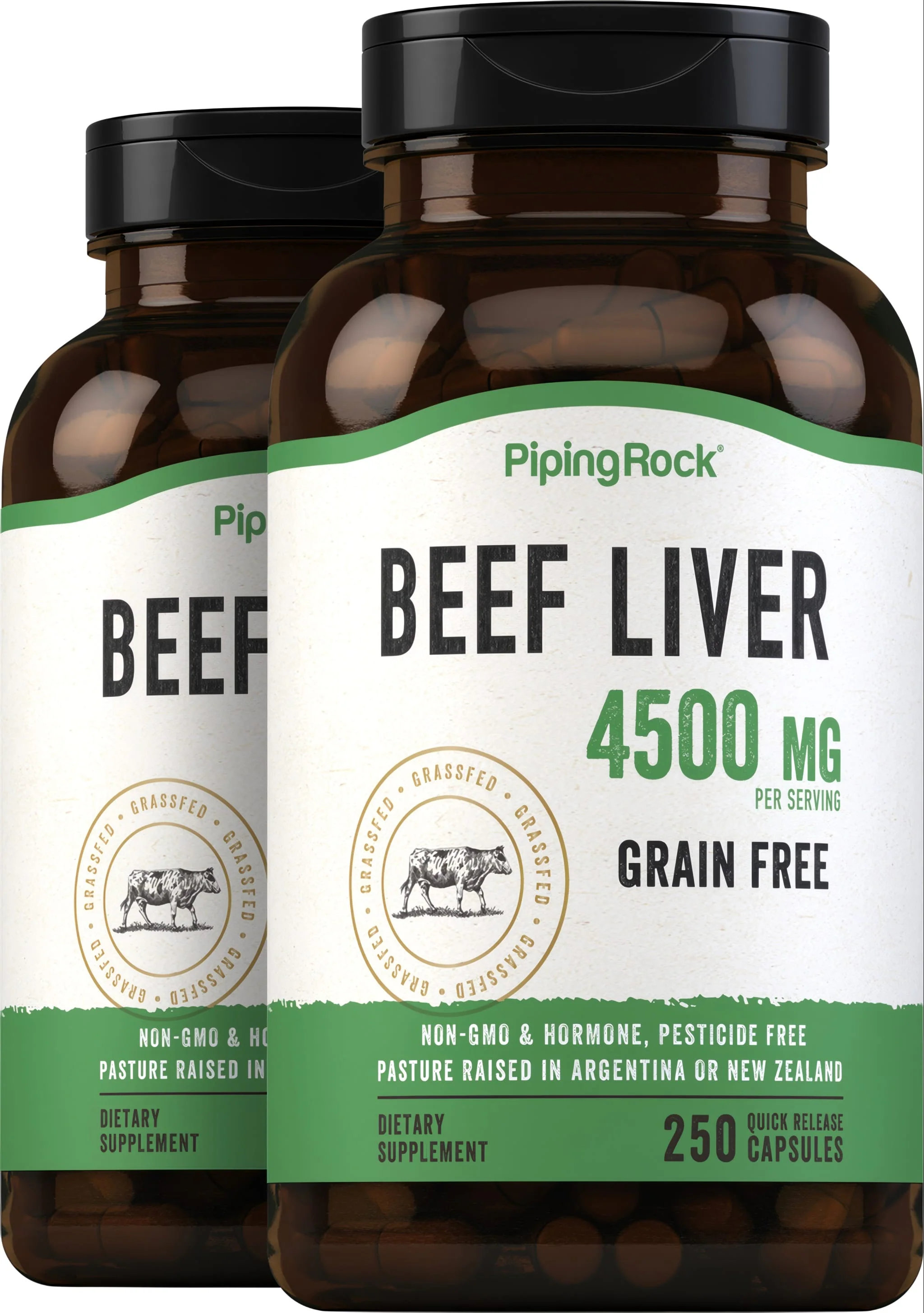 Grass Fed Beef Liver, 4500 mg (per serving), 250 Quick Release Capsules, 2 Bottles