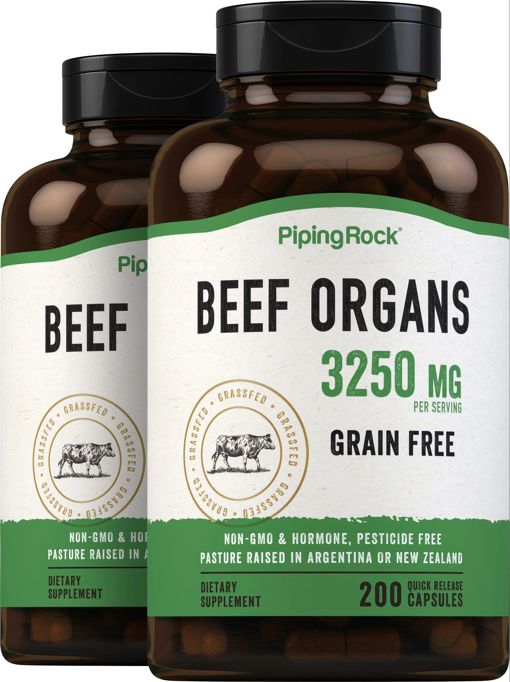 Grass Fed Beef Organs, 3250 mg (per serving), 200 Quick Release Capsules, 2 Bottles