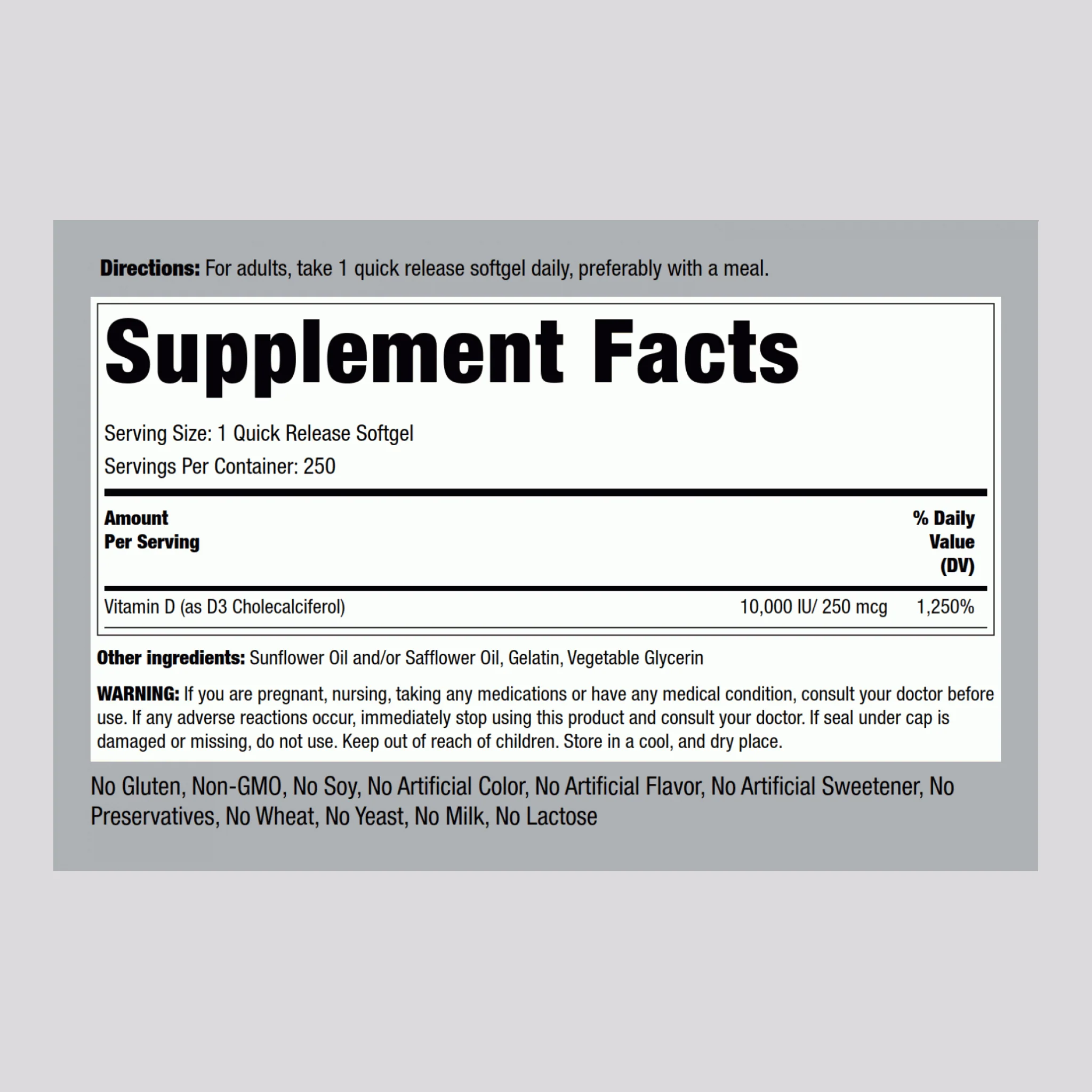 High Potency Vitamin D3, 10,000 IU, 250 Quick Release Softgels, 2 Bottles - Image 2