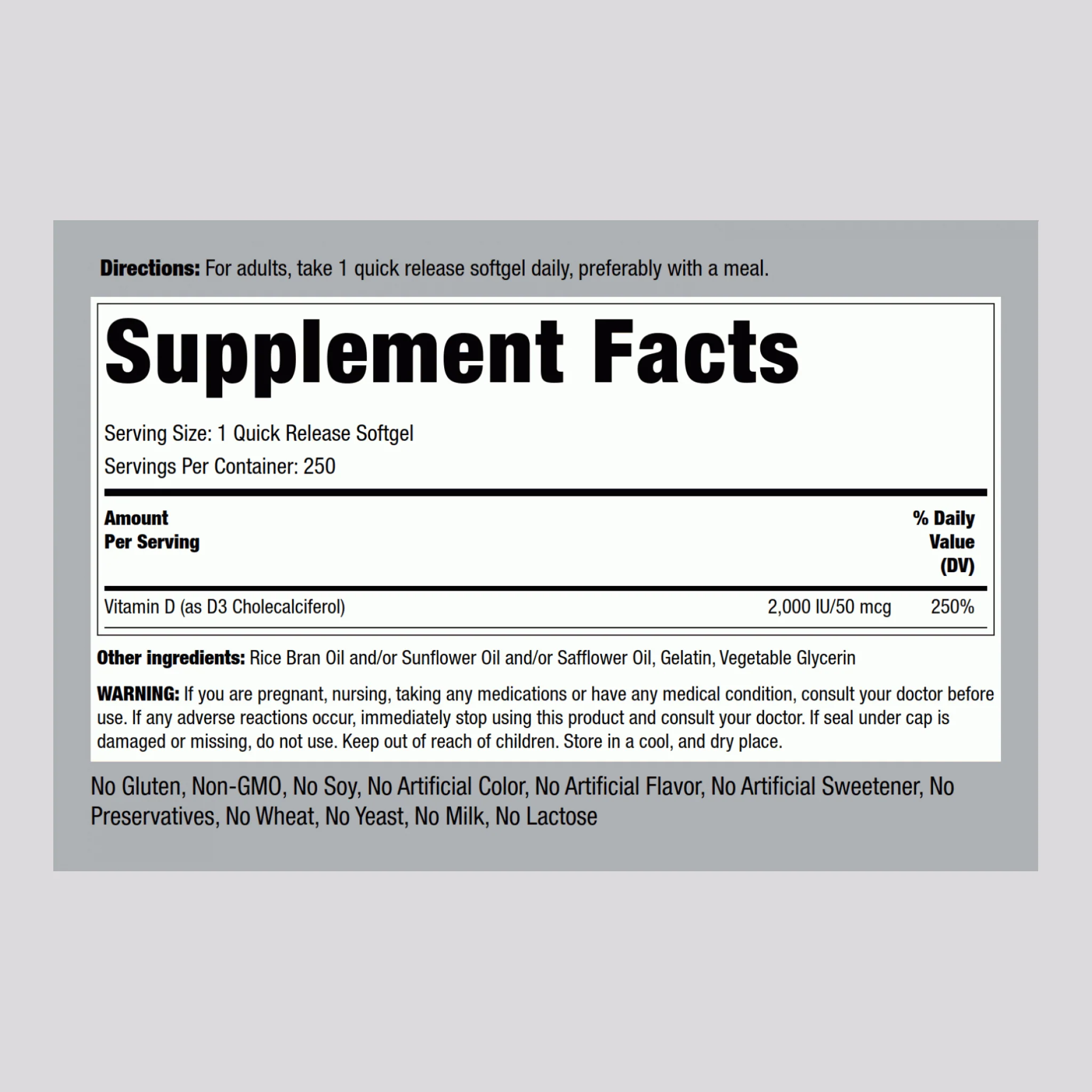 High Potency Vitamin D3, 2000 IU, 250 Quick Release Softgels, 2 Bottles - Image 2