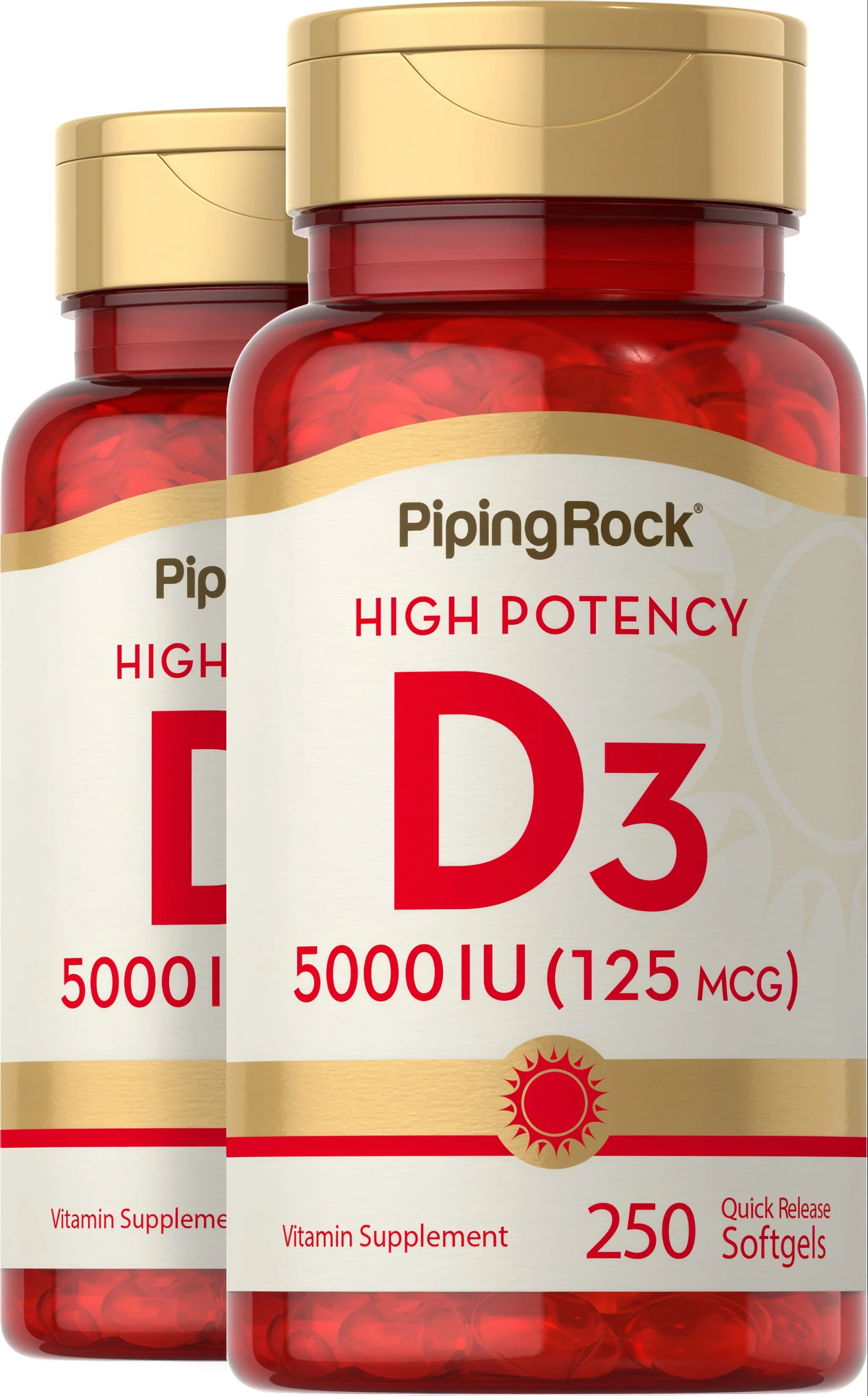 High Potency Vitamin D3, 5000 IU, 250 Quick Release Softgels, 2 Bottles