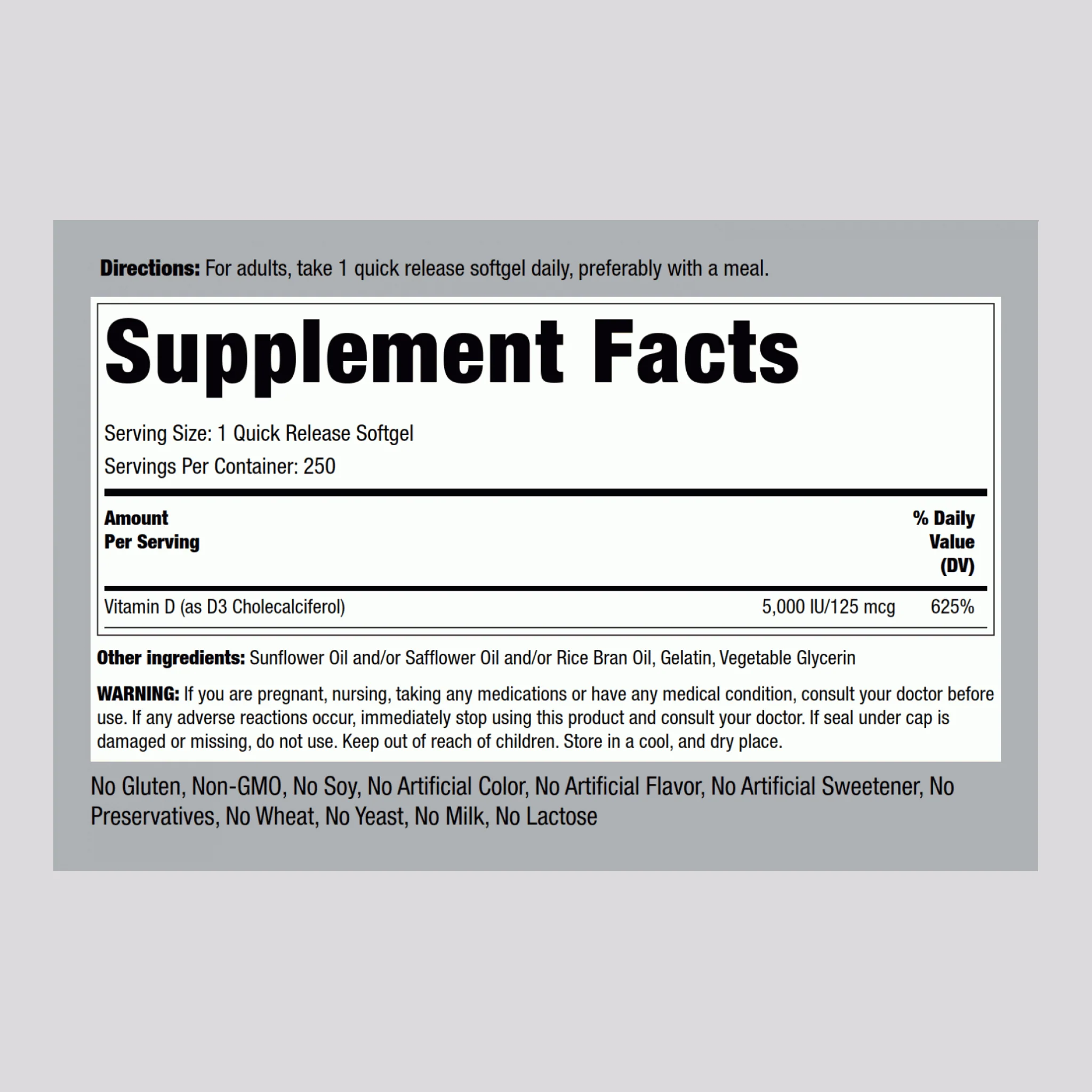 High Potency Vitamin D3, 5000 IU, 250 Quick Release Softgels, 2 Bottles - Image 2