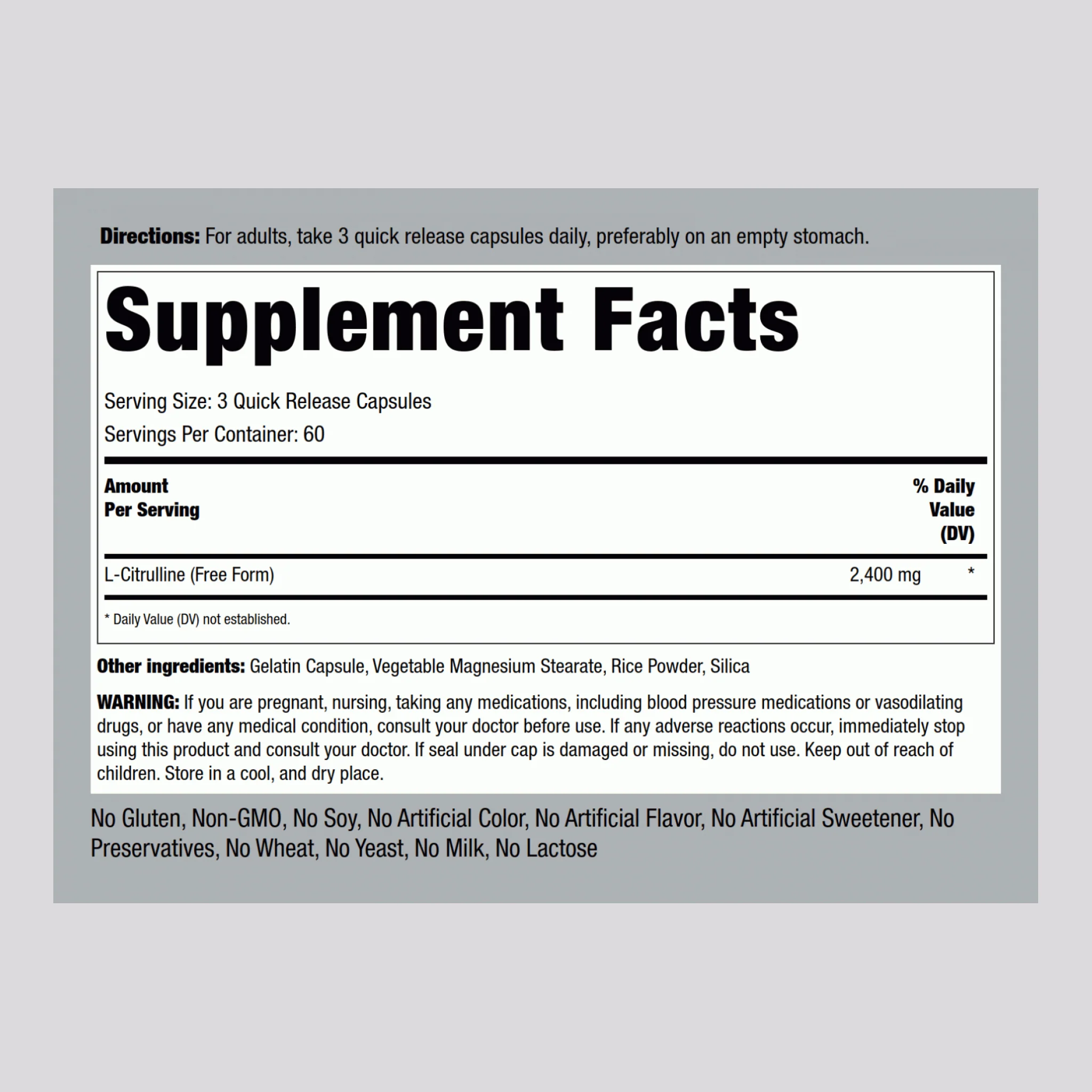 L-Citrulline, 2400 mg (per serving), 180 Quick Release Capsules, 2 Bottles - Image 2