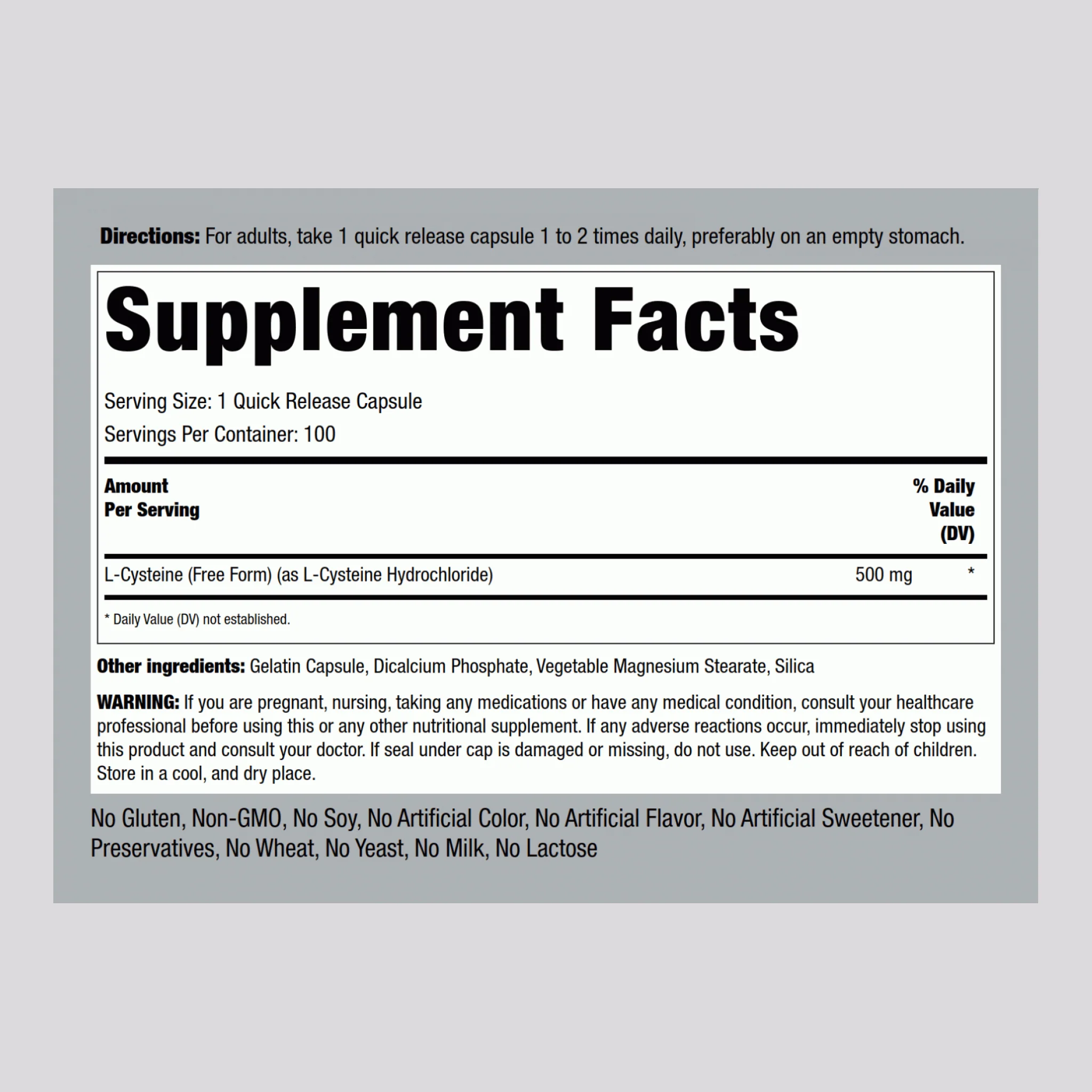 L-Cysteine, 500 mg, 100 Quick Release Capsules - Image 2