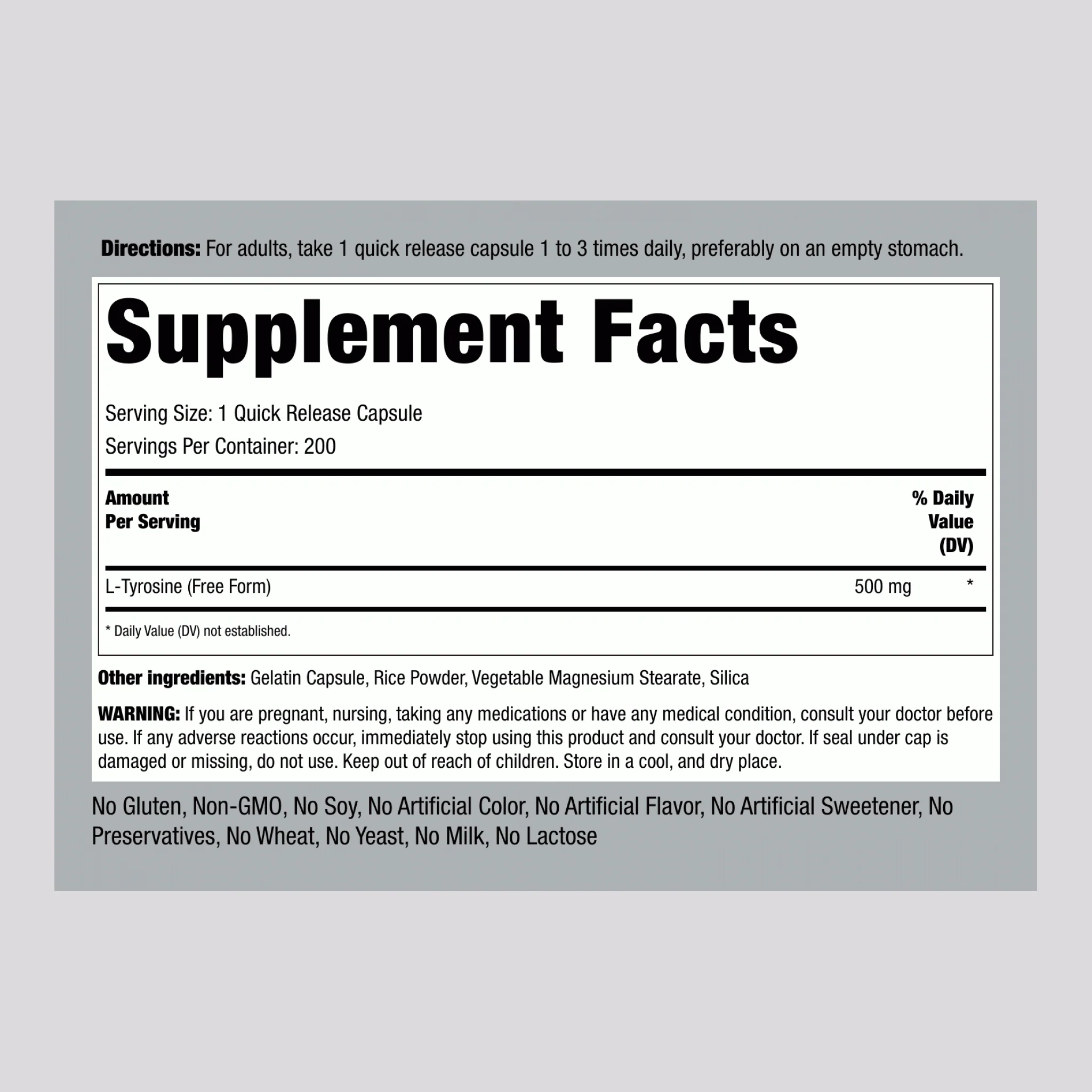L-Tyrosine, 500 mg, 200 Quick Release Capsules - Image 2