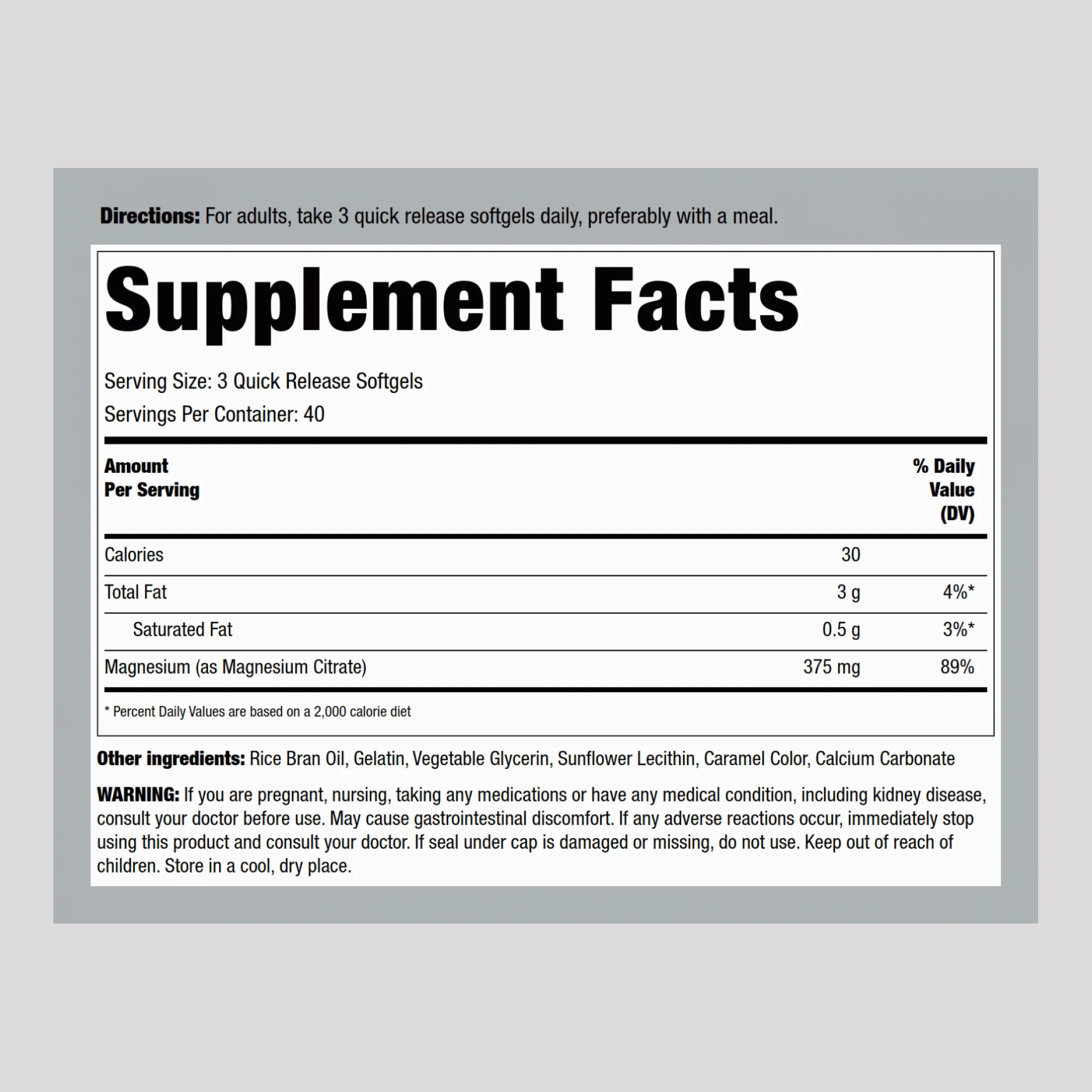 Magnesium Citrate, 375 mg (per serving), 120 Quick Release Softgels - Image 3