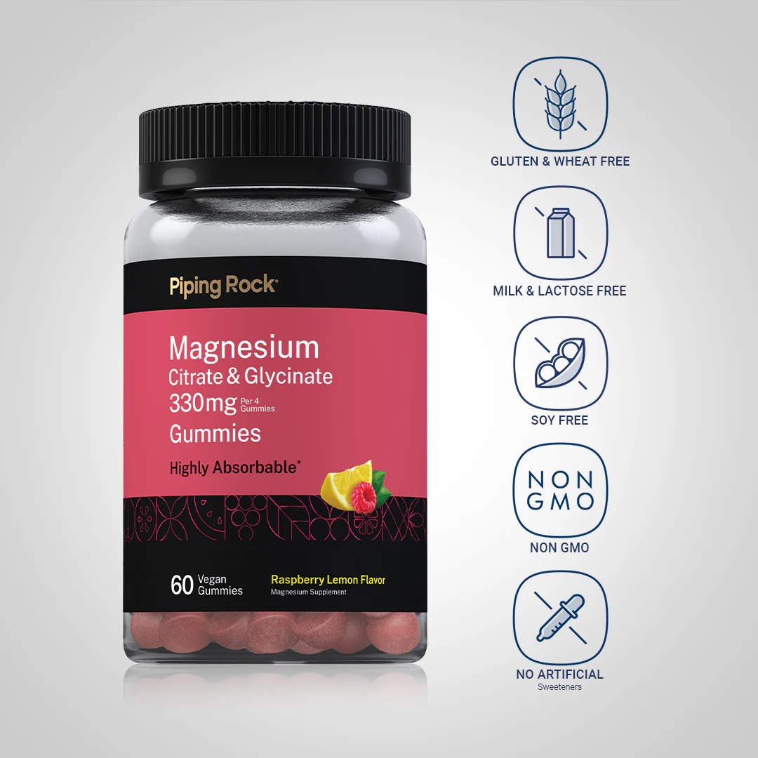 Magnesium Citrate & Glycinate (Raspberry Lemon), 330 mg (per serving), 60 Vegan Gummies - Image 4