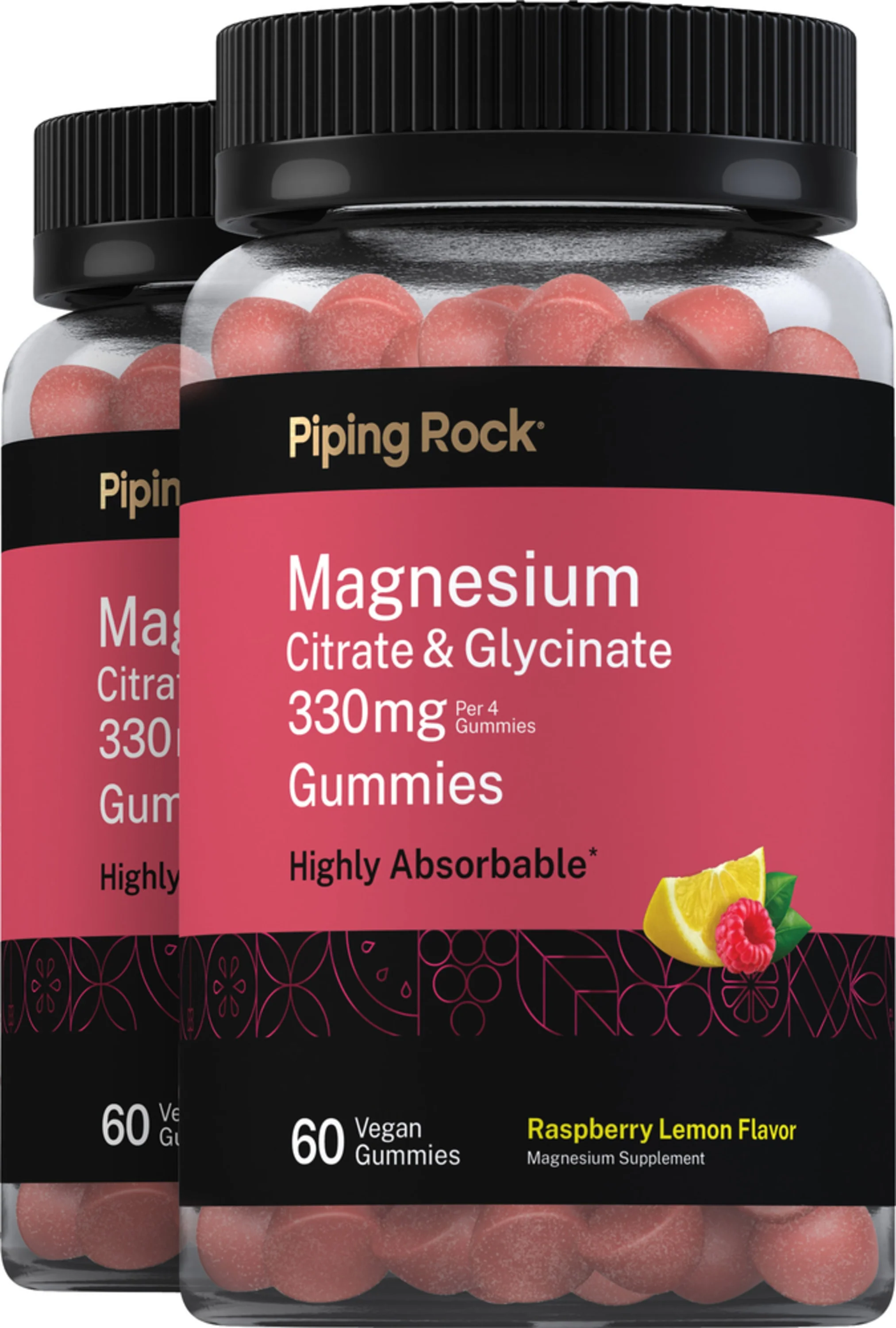 Magnesium Citrate & Glycinate (Raspberry Lemon), 330 mg (per serving), 60 Vegan Gummies, 2 Bottles