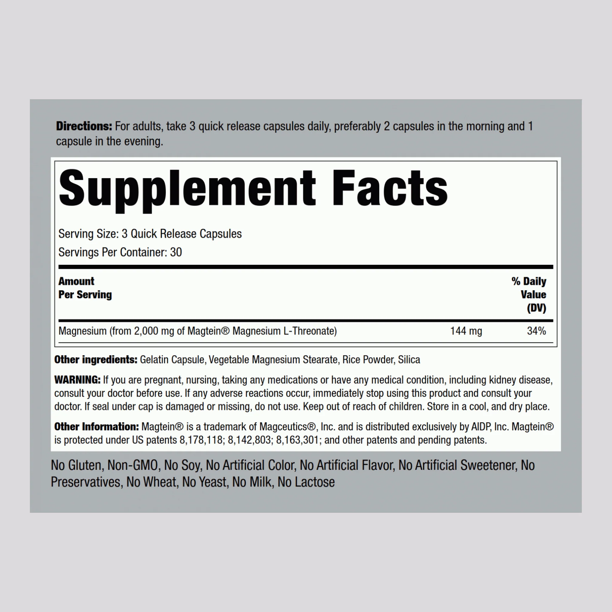 Magnesium L-Threonate Magtein, 90 Quick Release Capsules - Image 2