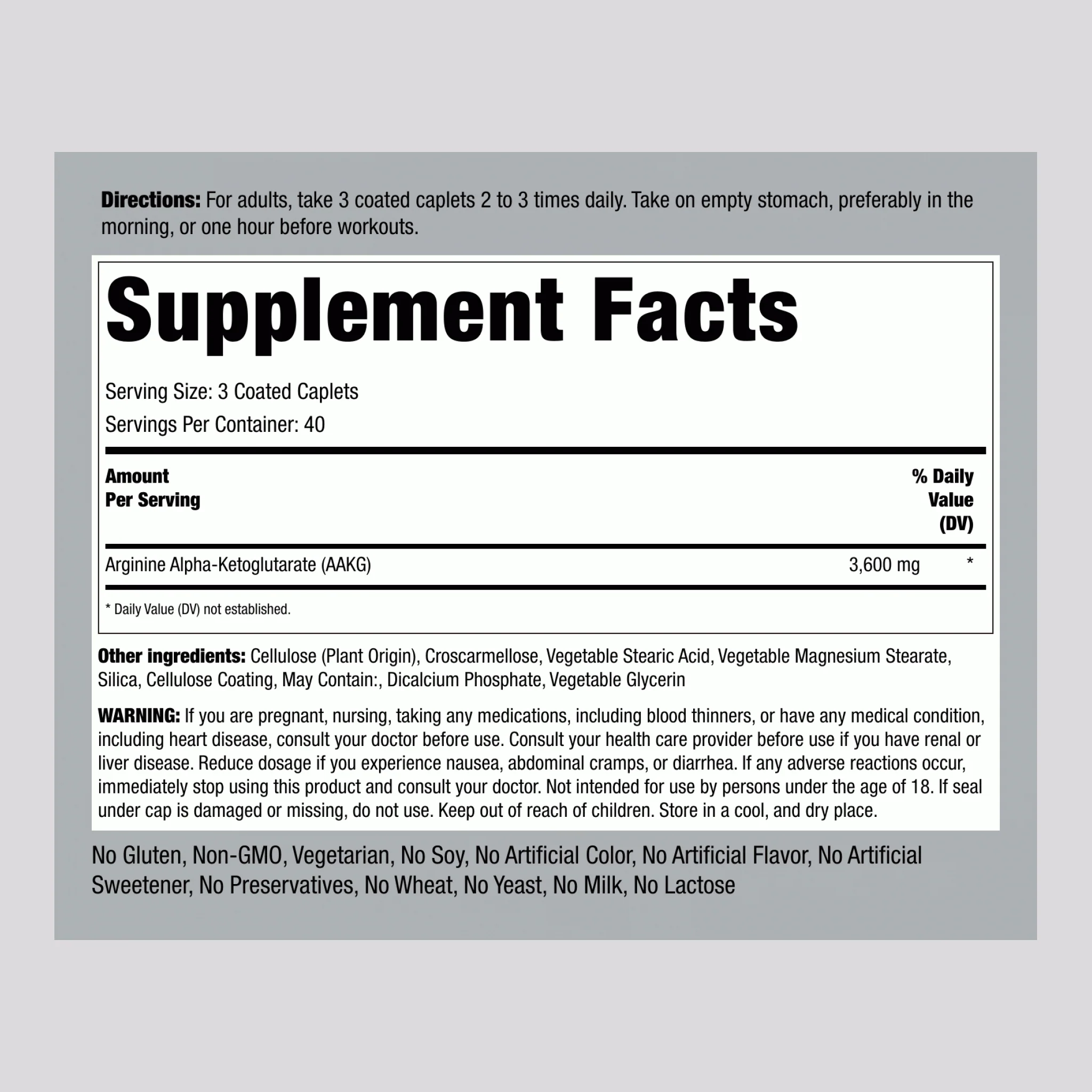 Max Strength AAKG Arginine Alpha-Ketoglutarate (Nitric Oxide Enhancer), 3600 mg (per serving), 120 Coated Caplets, 2  Bottles - Image 2