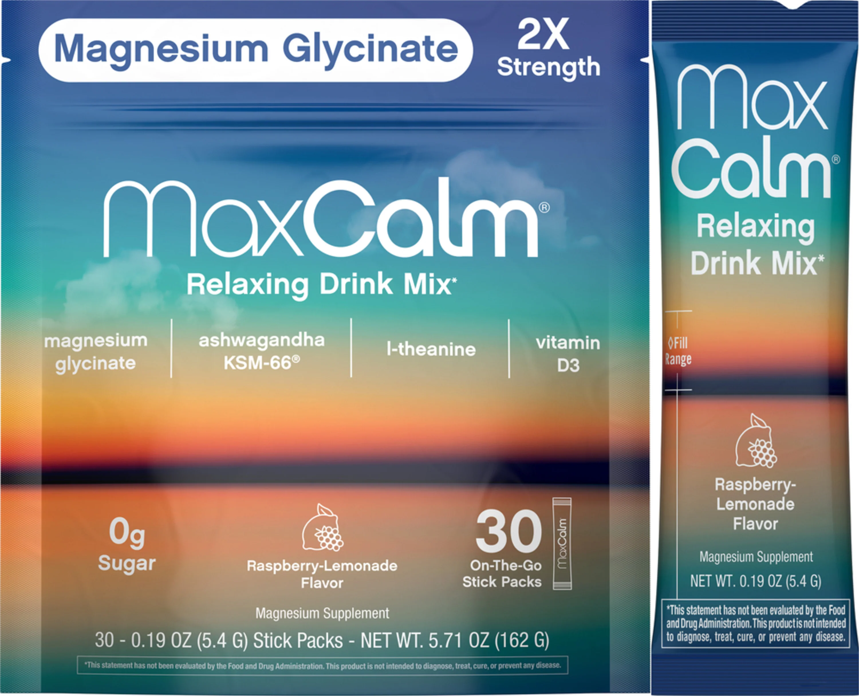 MaxCalm® Relaxing Drink Mix* Magnesium Glycinate Raspberry-Lemonade, 30 Stick Packs
