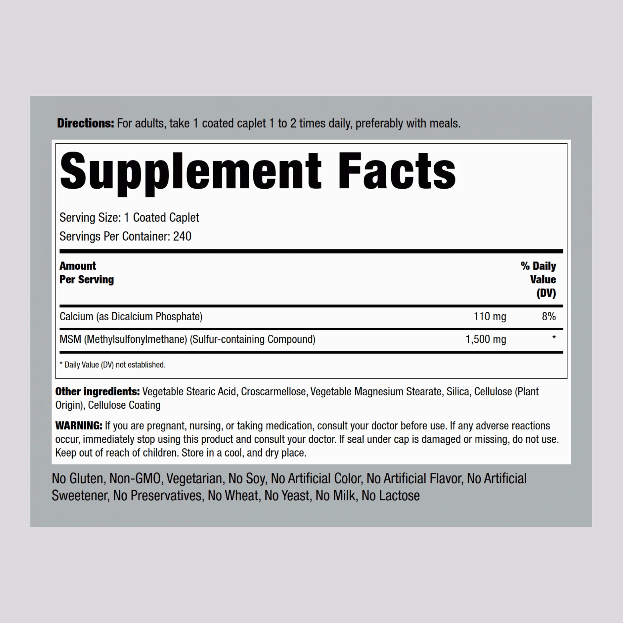 Mega MSM + Sulfur, 1500 mg, 240 Coated Caplets, 2 Bottles - Image 2