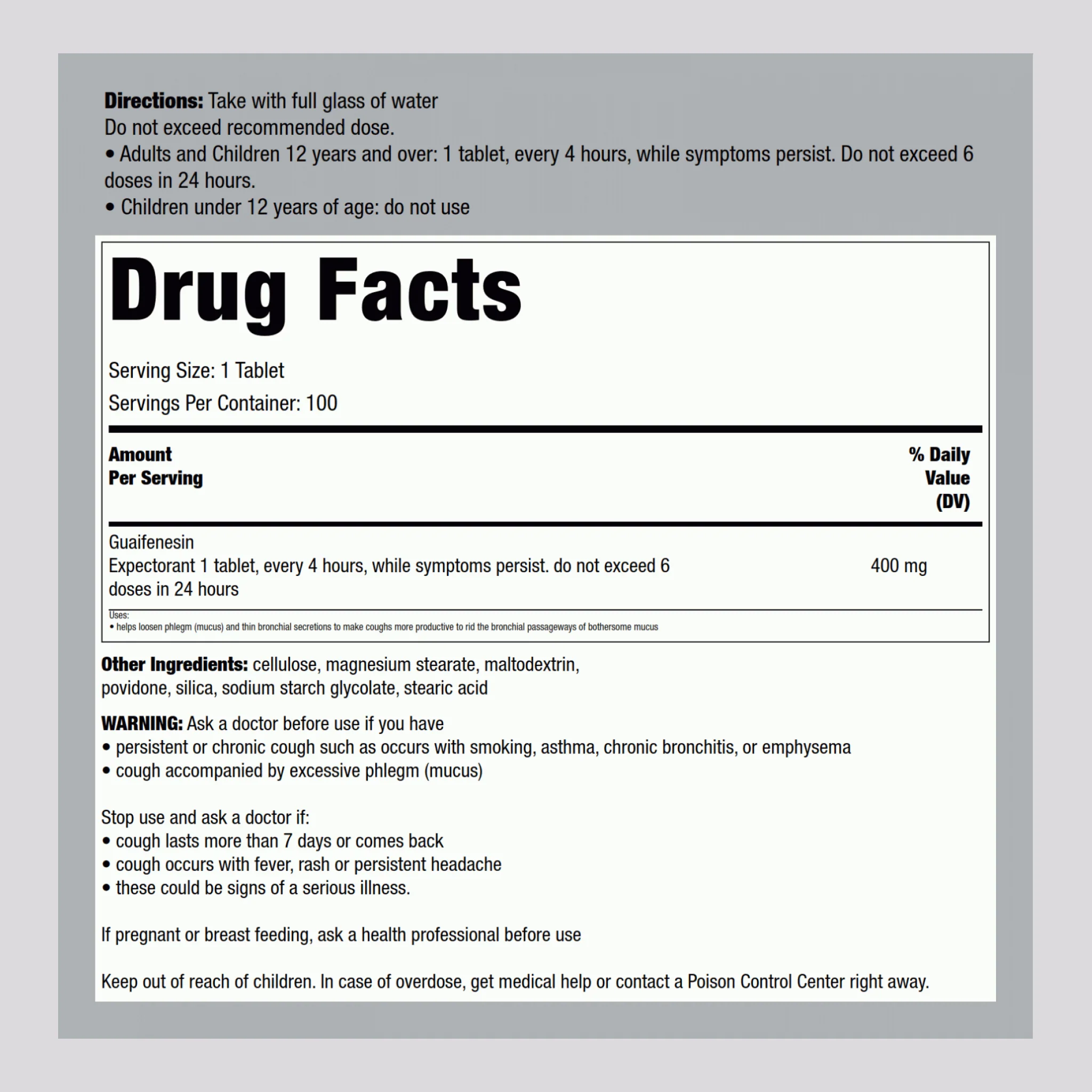 Mucus Relief (Expectorant) Guaifenesin 400mg, Compare to Mucinex , 100 Tablets - Image 2