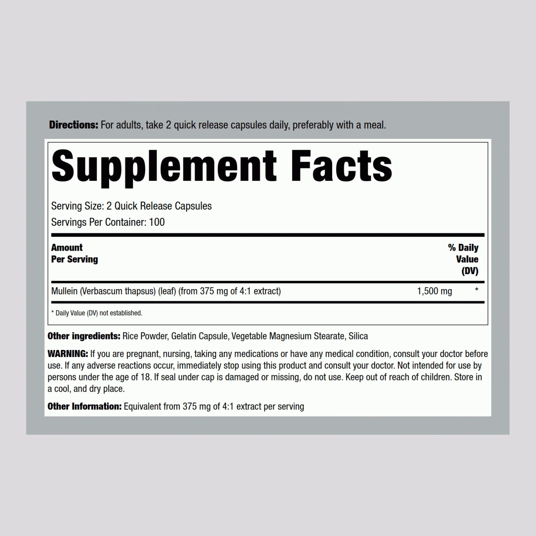 Mullein Leaf (Gordolobo), 1500 mg (per serving), 200 Quick Release Capsules, 2 Bottles - Image 2
