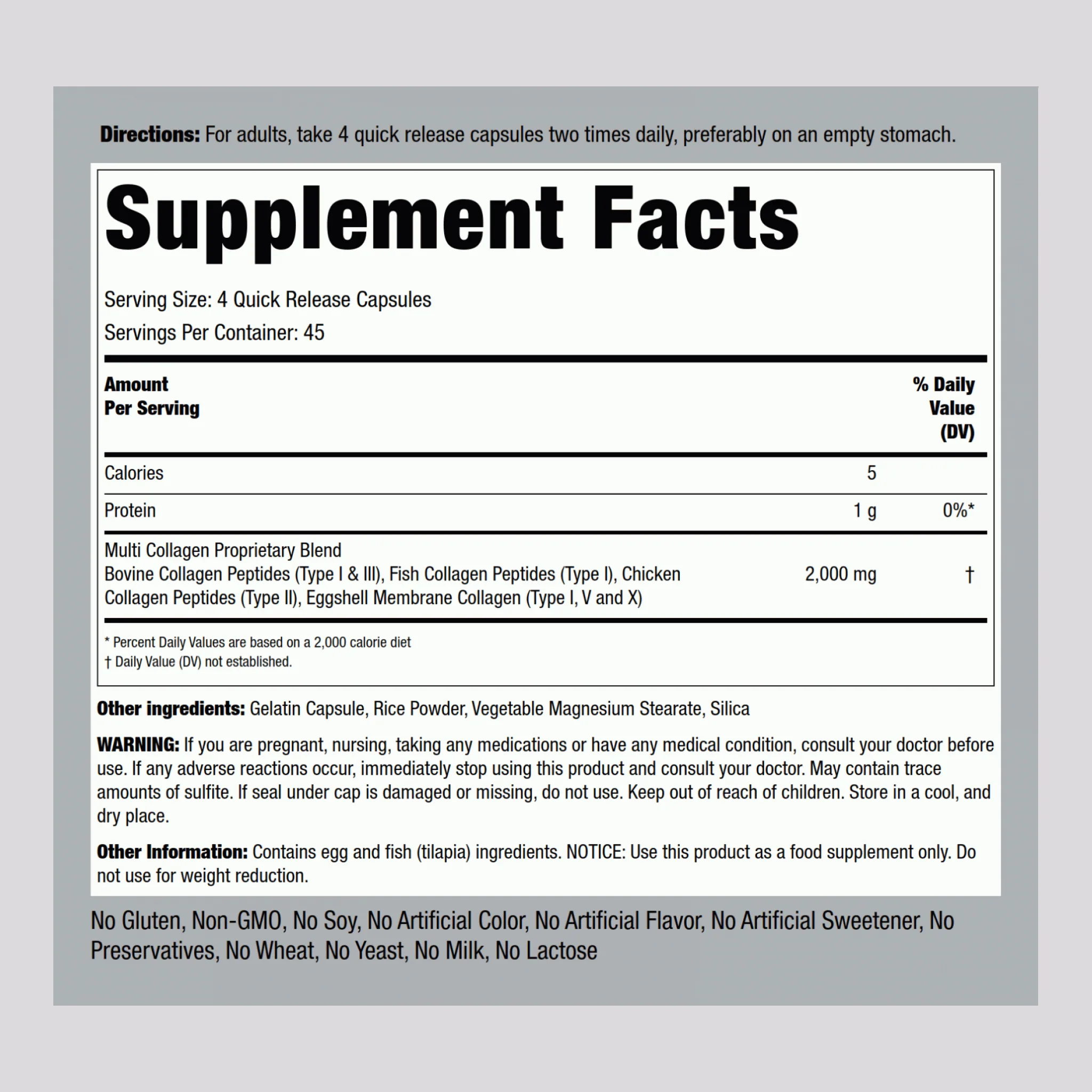 Multi Collagen Protein (Types I, II, III, V, X), 2000 mg (per serving), 180 Quick Release Capsules, 2  Bottles - Image 2