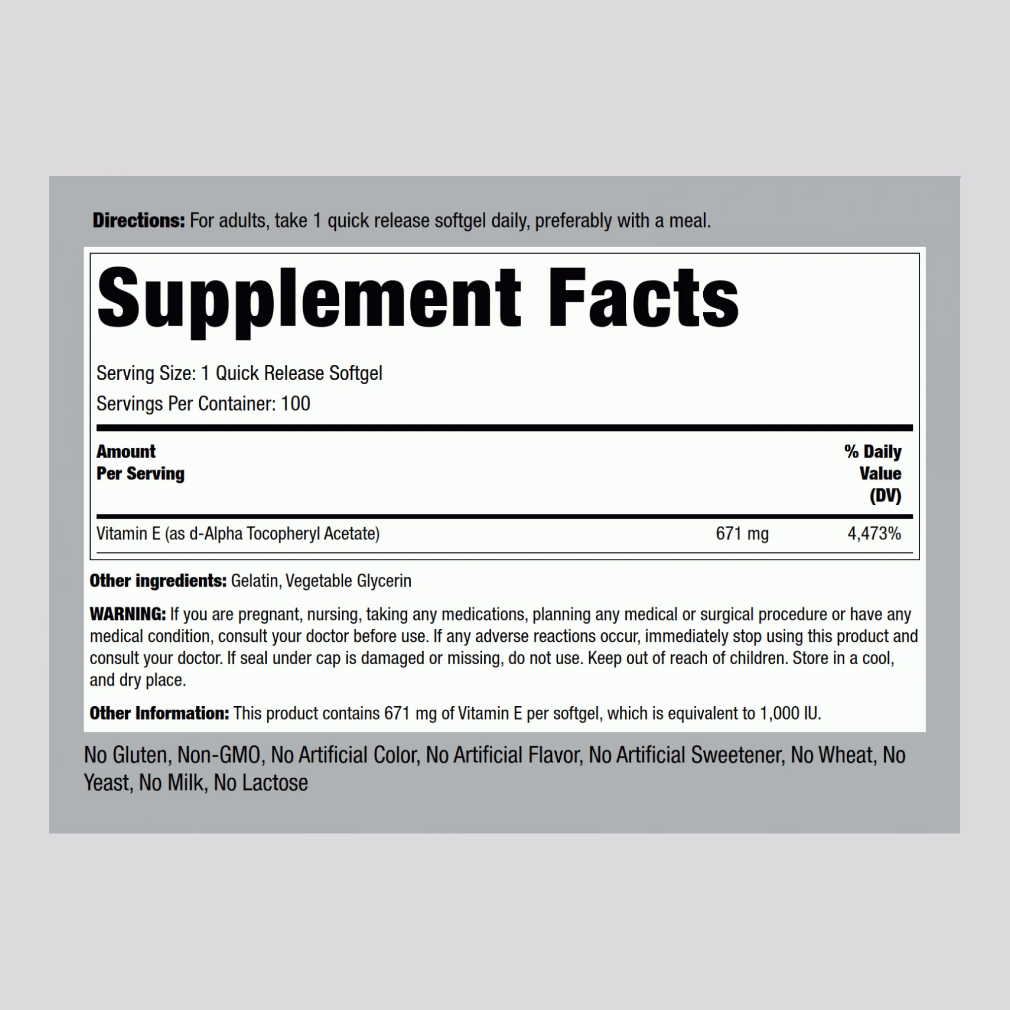 Natural Vitamin E, 1000 IU, 100 Quick Release Softgels, 2 Bottles - Image 2