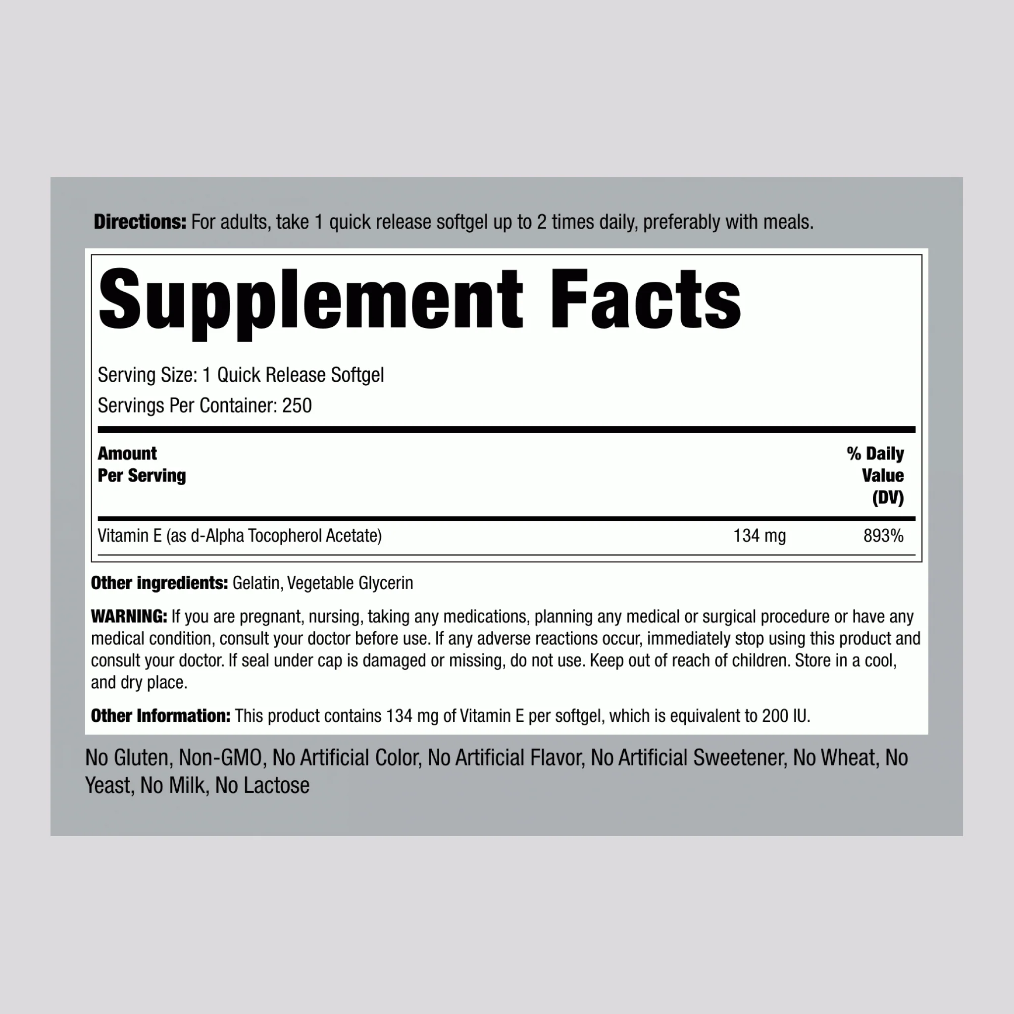 Natural Vitamin E, 200 IU, 250 Quick Release Softgels - Image 2