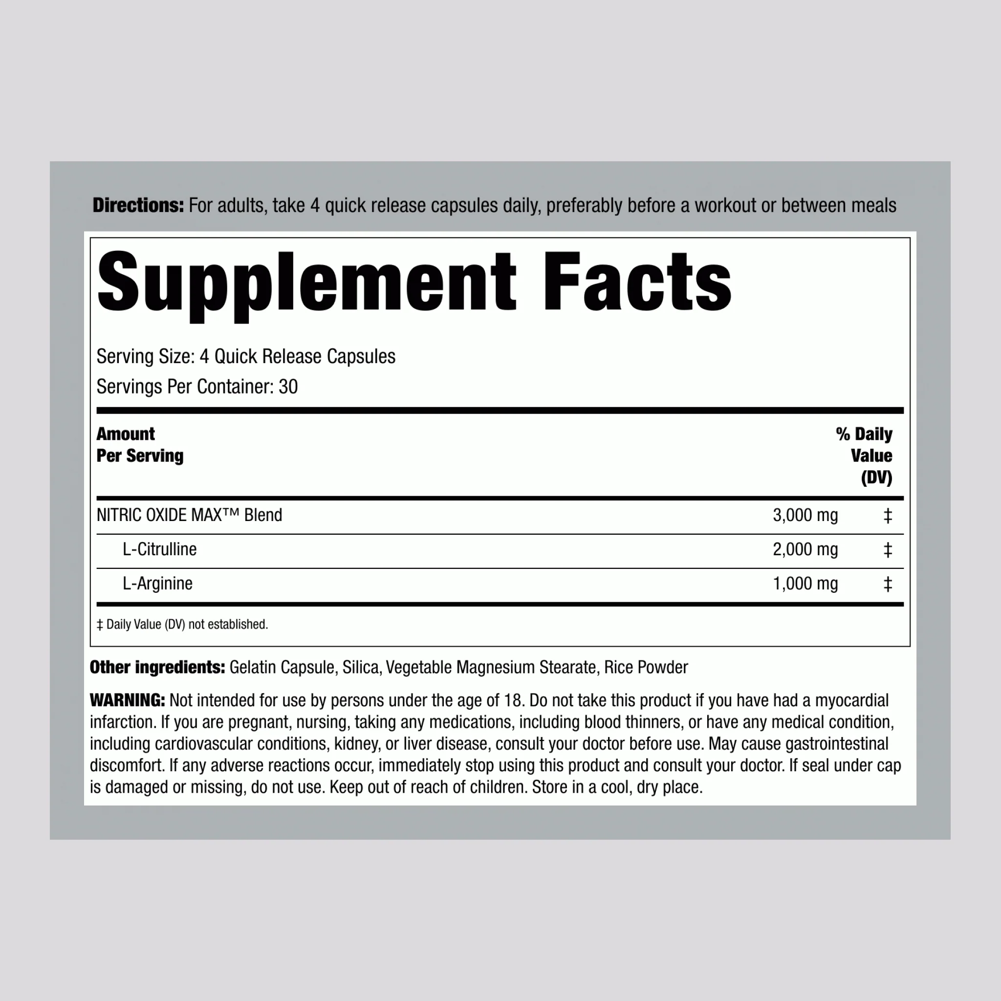 Nitric Oxide Max, 3000 mg (per serving), 120 Quick Release Capsules, 2 Bottles - Image 2