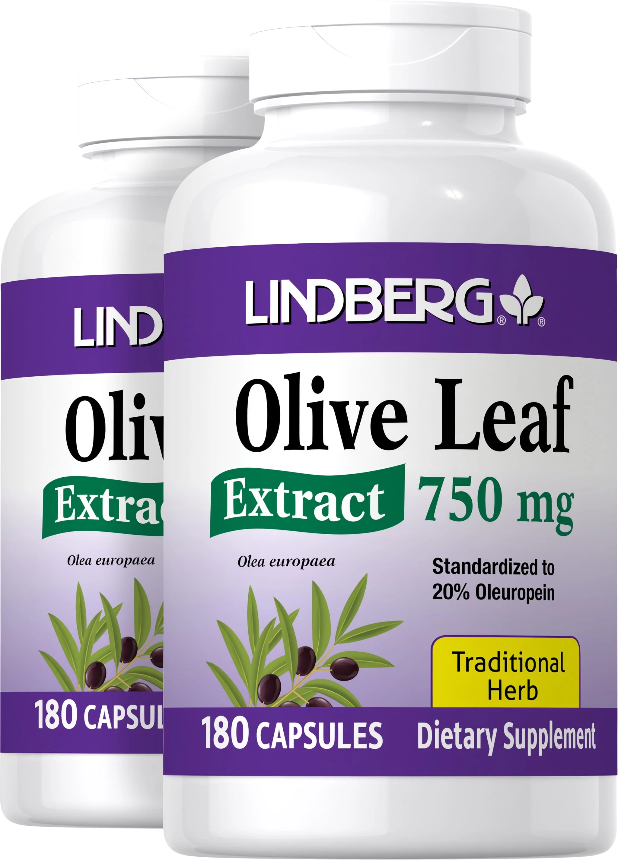 Olive Leaf Standardized Extract, 750 mg, 180 Capsules, 2  Bottles