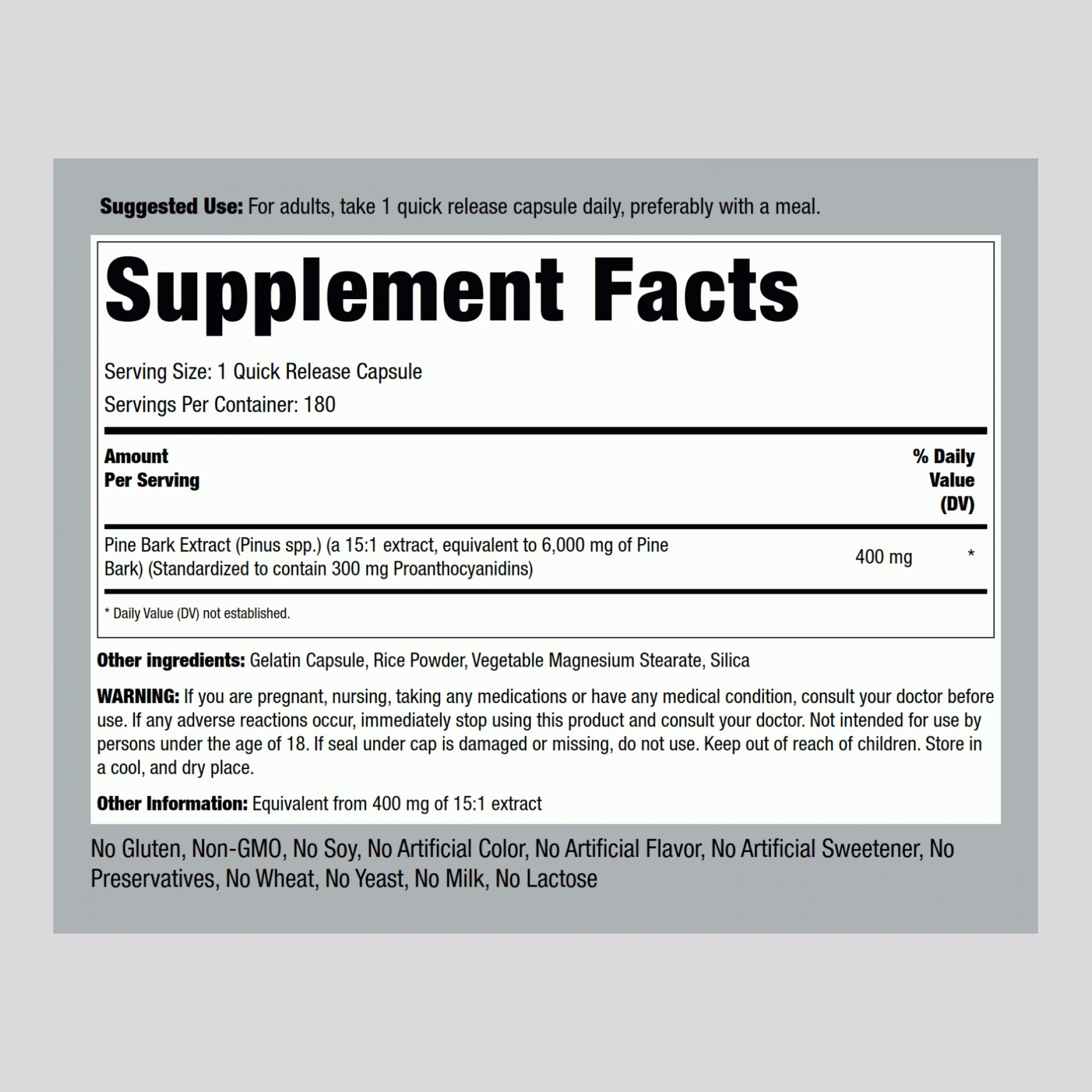 Pine Bark Extract, 6000 mg, 180 Quick Release Capsules - Image 2