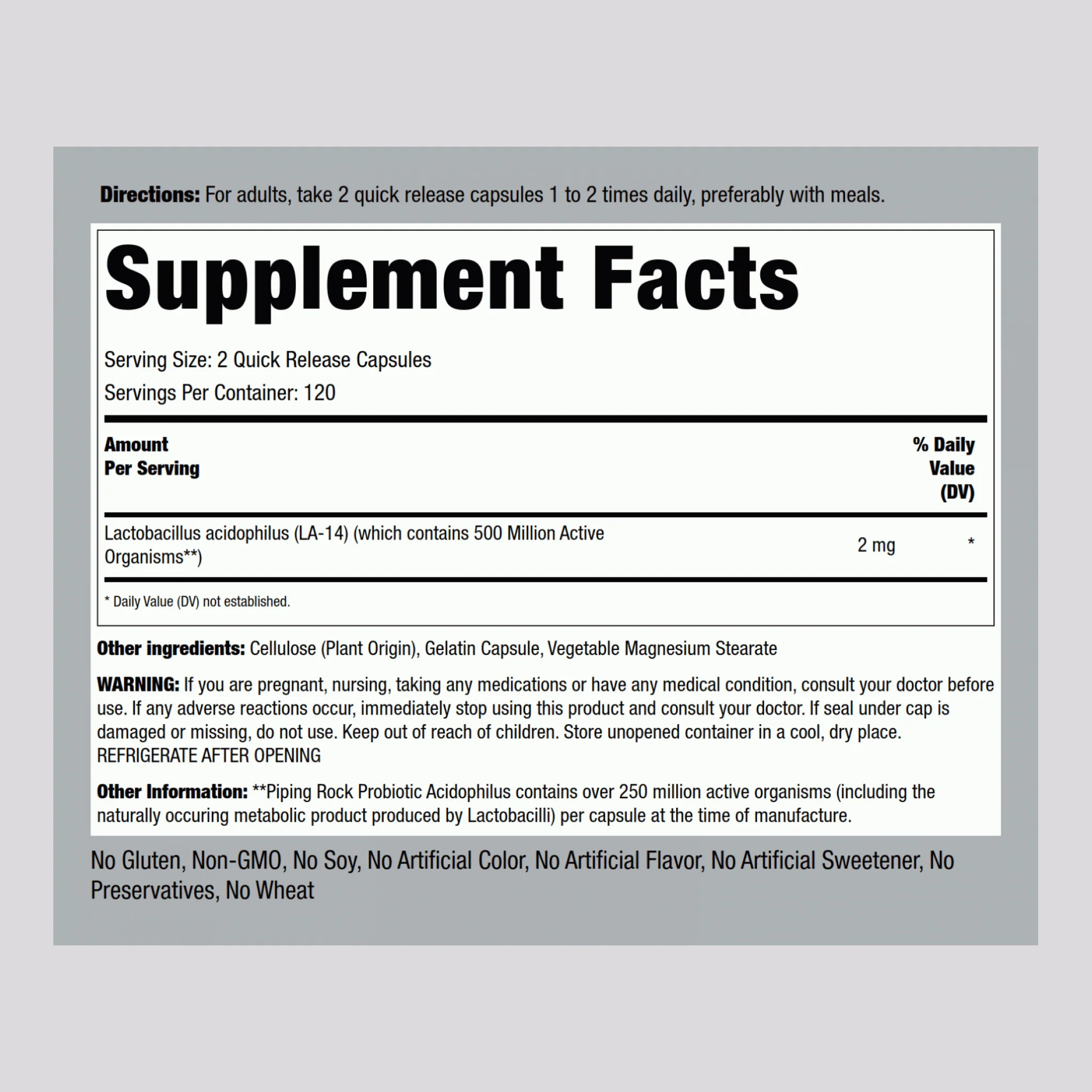 Probiotic Acidophilus 250 Million Organisms, 240 Quick Release Capsules, 2 Bottles - Image 2