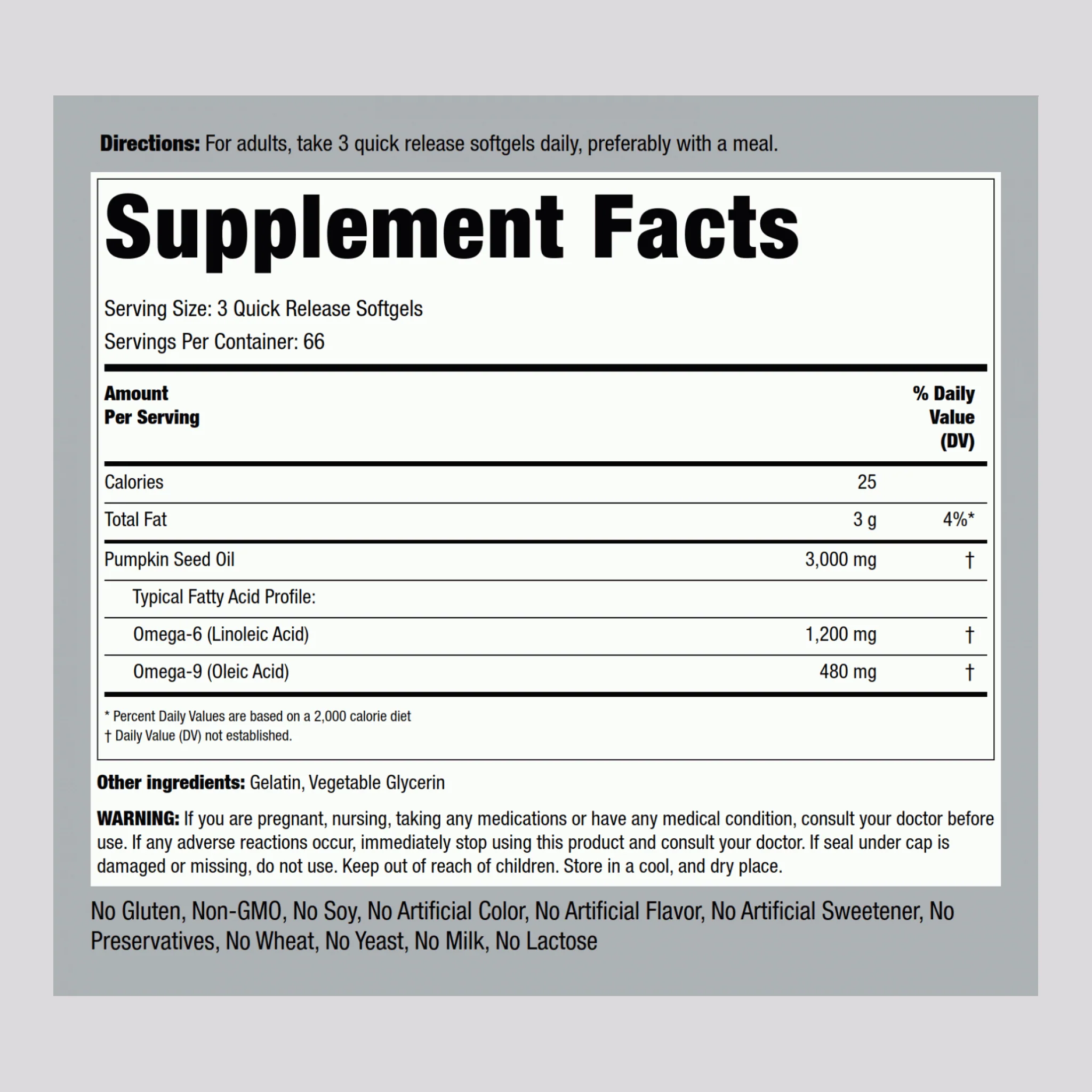 Pumpkin Seed Oil, 3000 mg (per serving), 200 Quick Release Softgels, 2 Bottles - Image 2