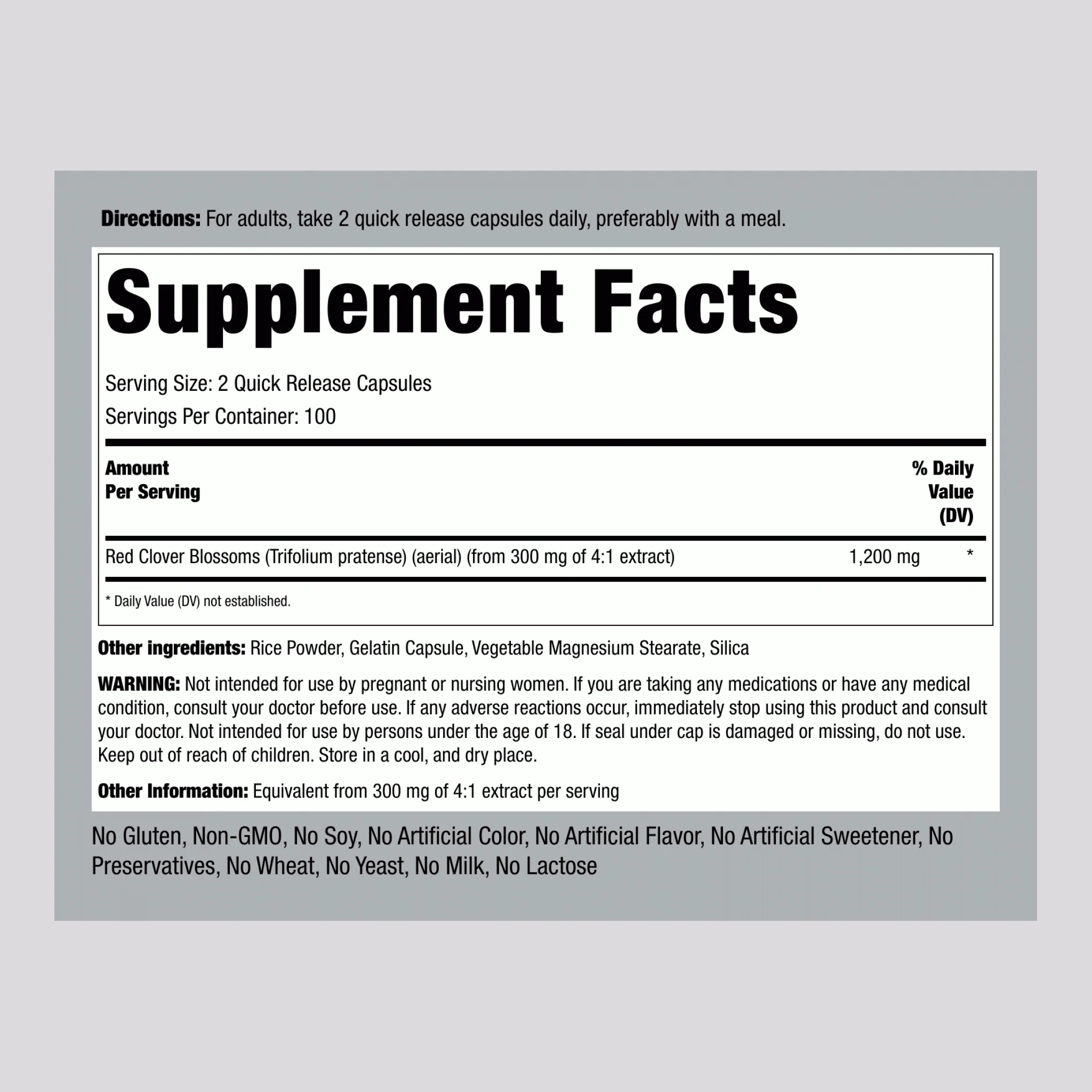 Red Clover, 1200 mg (per serving), 200 Quick Release Capsules, 2 Bottles - Image 2