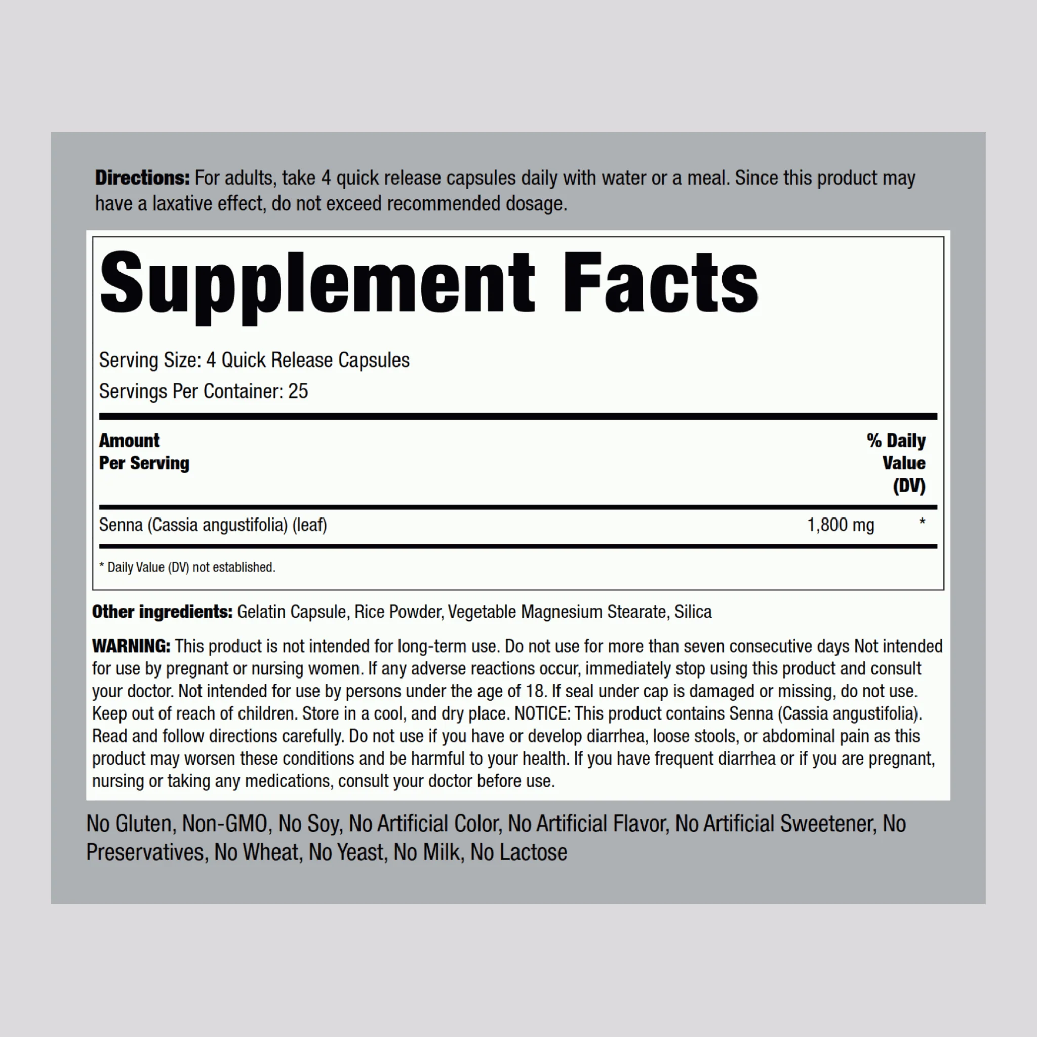 Senna Leaves, 1800 mg (per serving), 100 Quick Release Capsules, 2 Bottles - Image 2