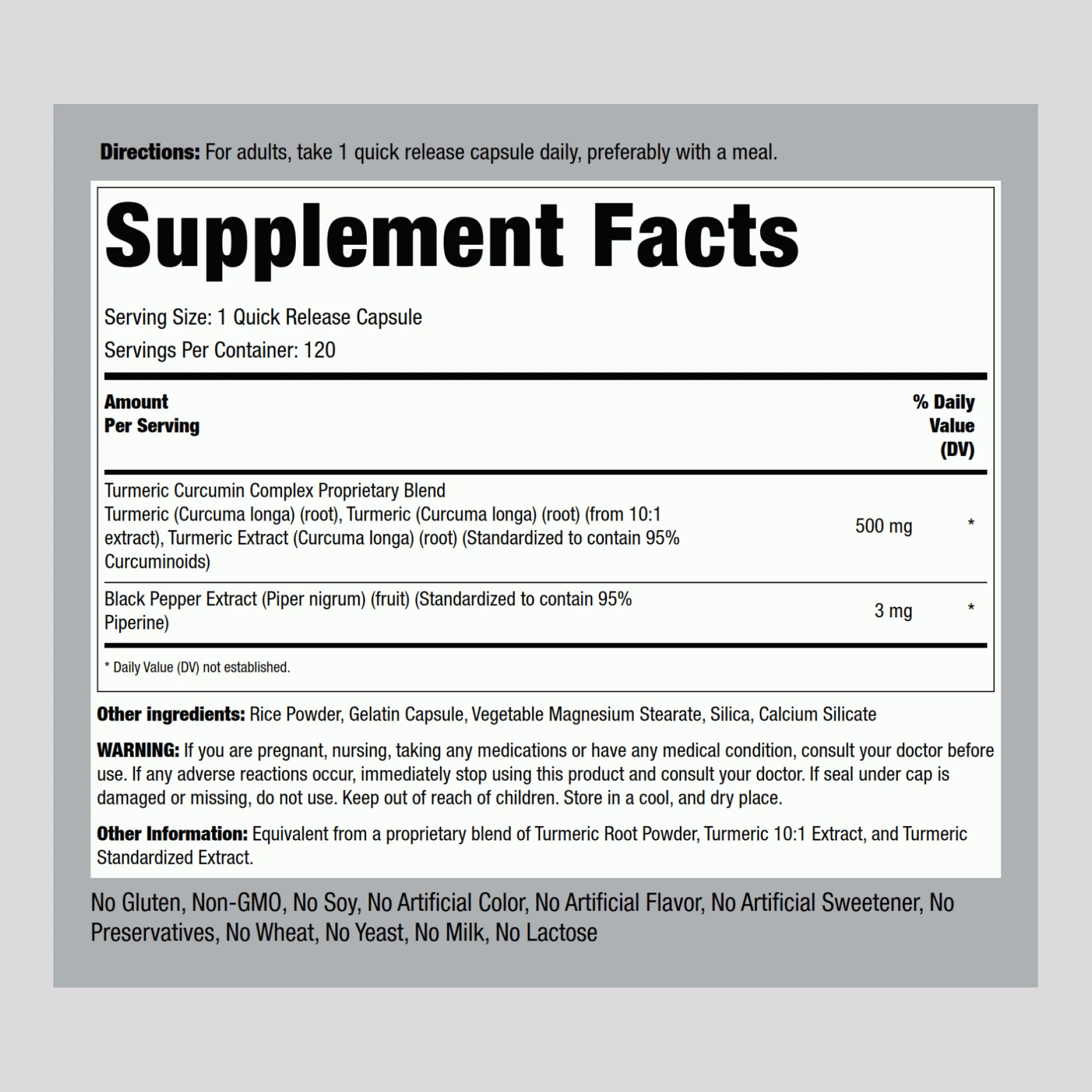 Standardized Turmeric Curcumin Complex, 500 mg, 120 Quick Release Capsules - Image 2
