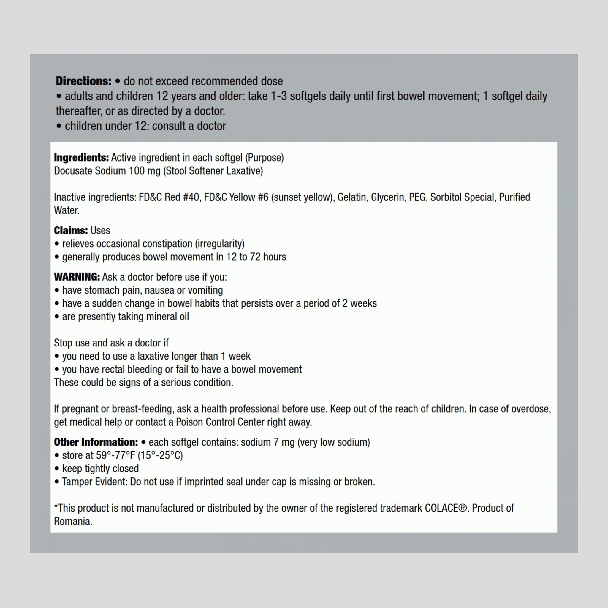 Stool Softener Docusate Sodium 100 mg, Compare to Colace , 100 Softgels - Image 2