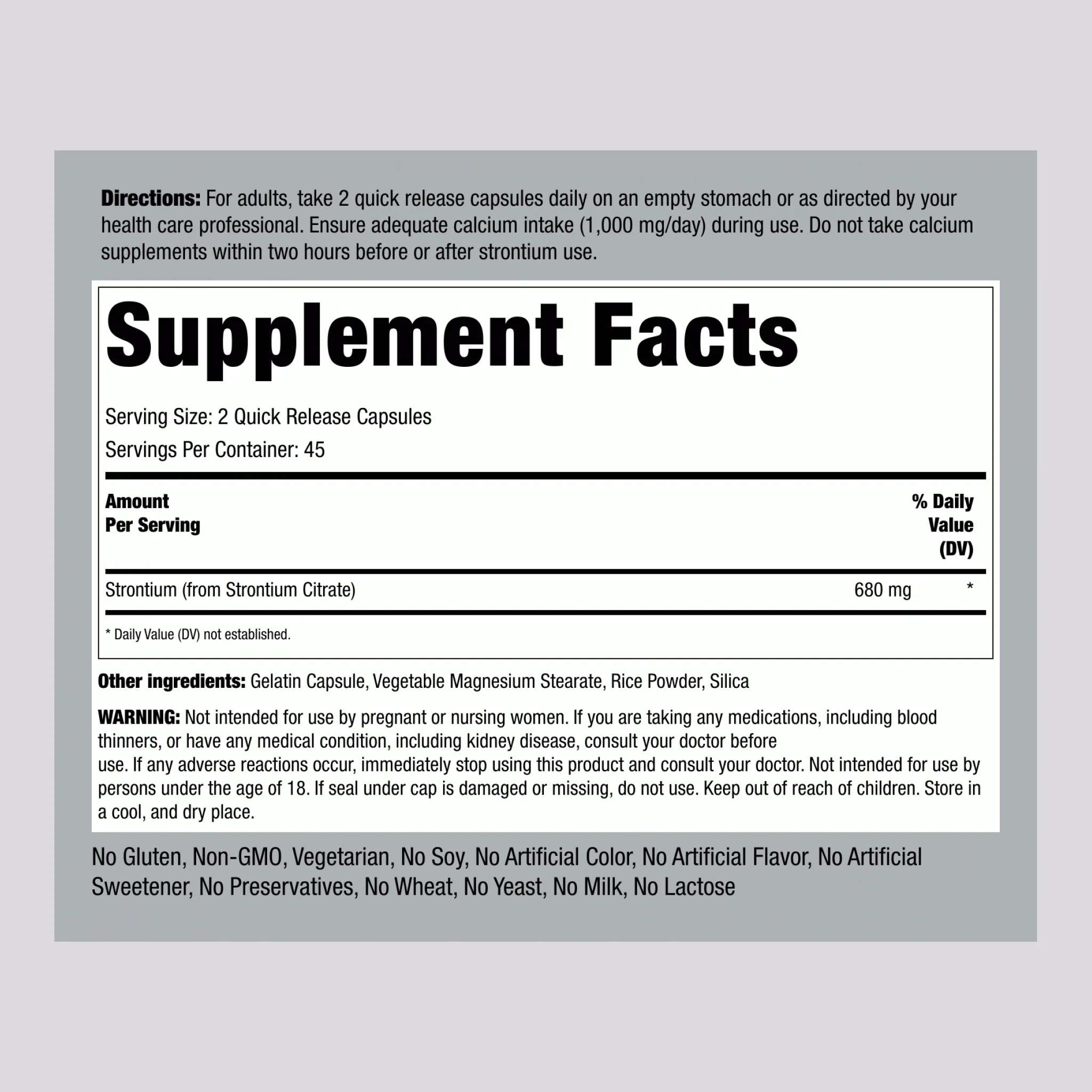 Strontium Citrate, 680 mg (per serving), 90 Quick Release Capsules, 2 Bottles - Image 2