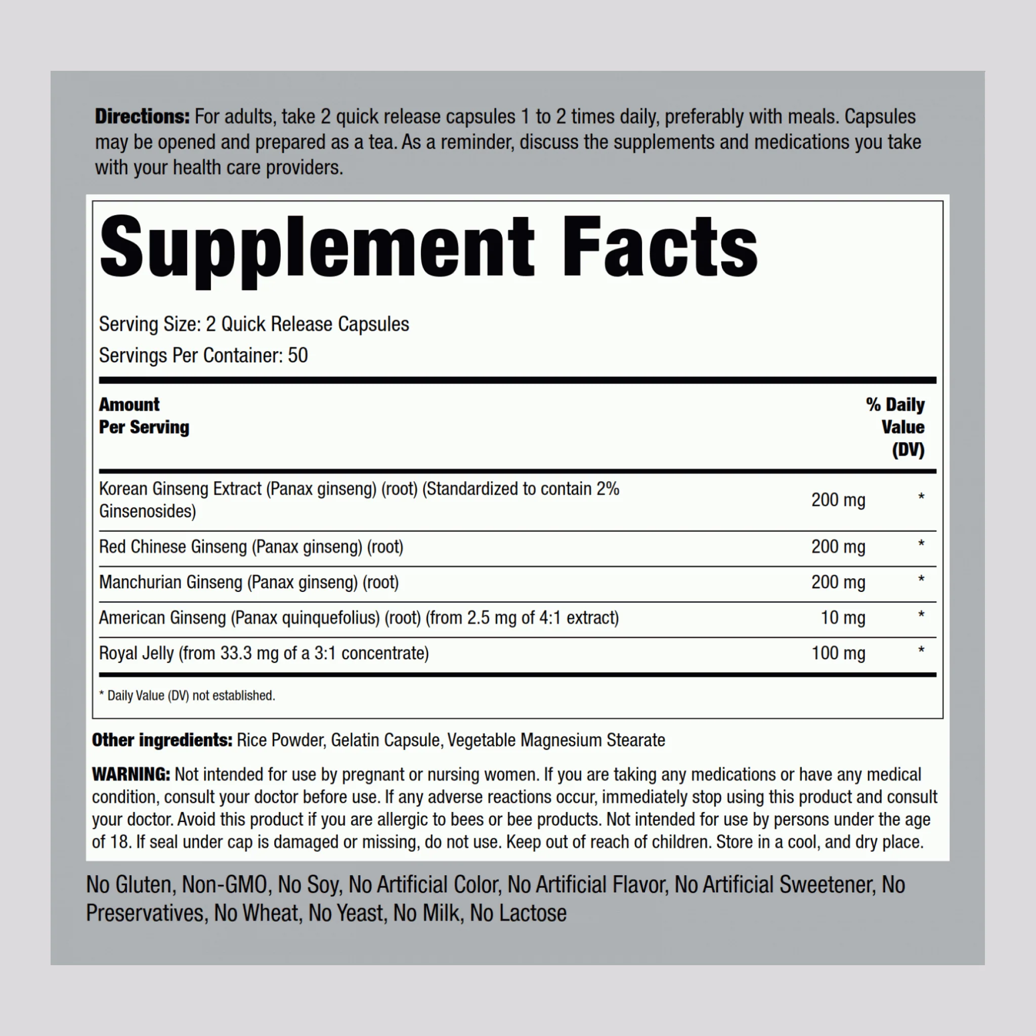 Super Ginseng Complex Plus Royal Jelly, 100 Quick Release Capsules, 2 Bottles - Image 2