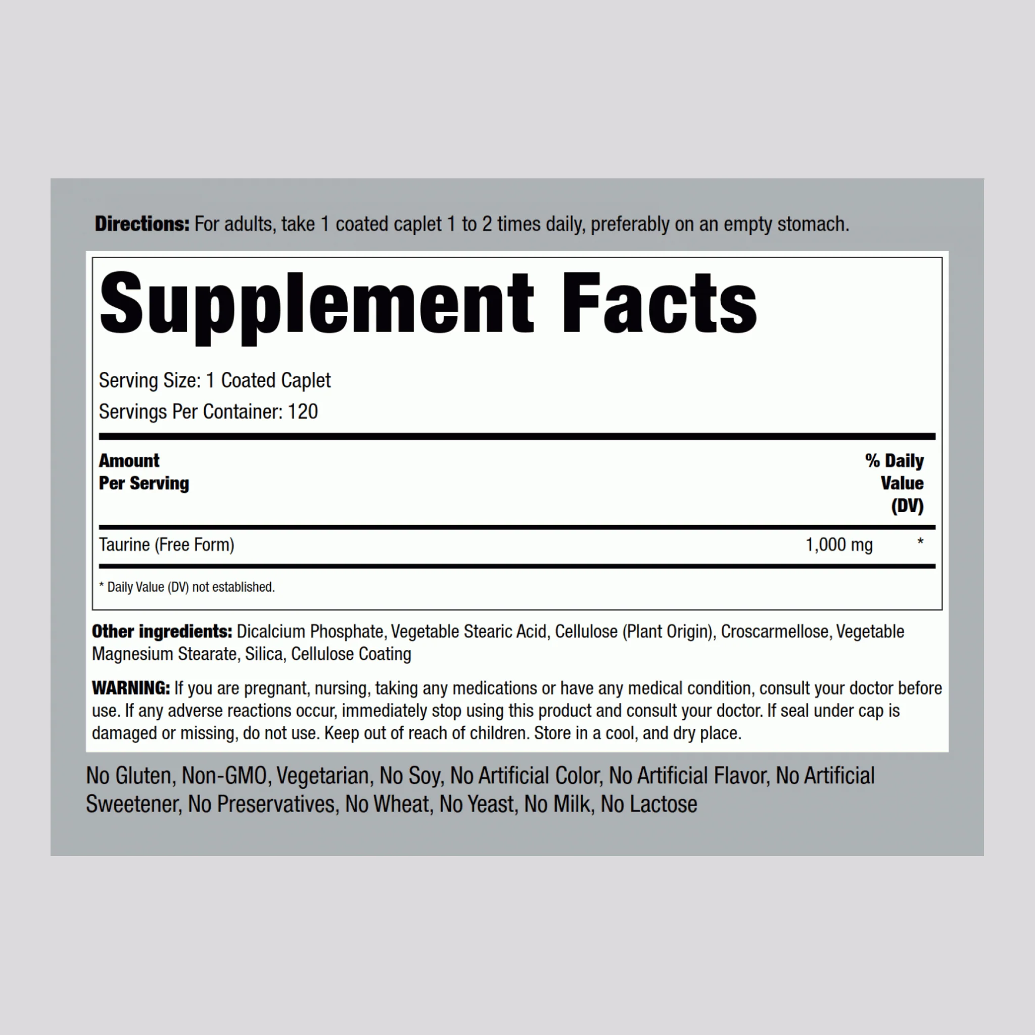 Taurine, 1000 mg, 120 Coated Caplets, 2 Bottles - Image 2